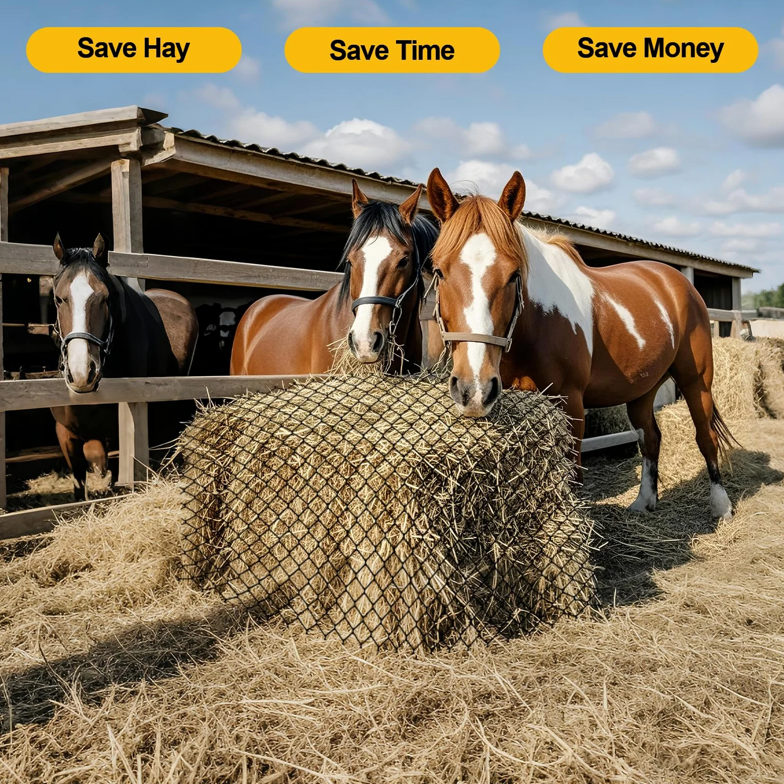 Red de heno redonda de 1,5 x 1,5 m, de nailon negro, sin nudos con agujeros de 1,75 pulgadas, redes de heno de alimentación lenta para caballos y cabras, solución de alimentación más saludable