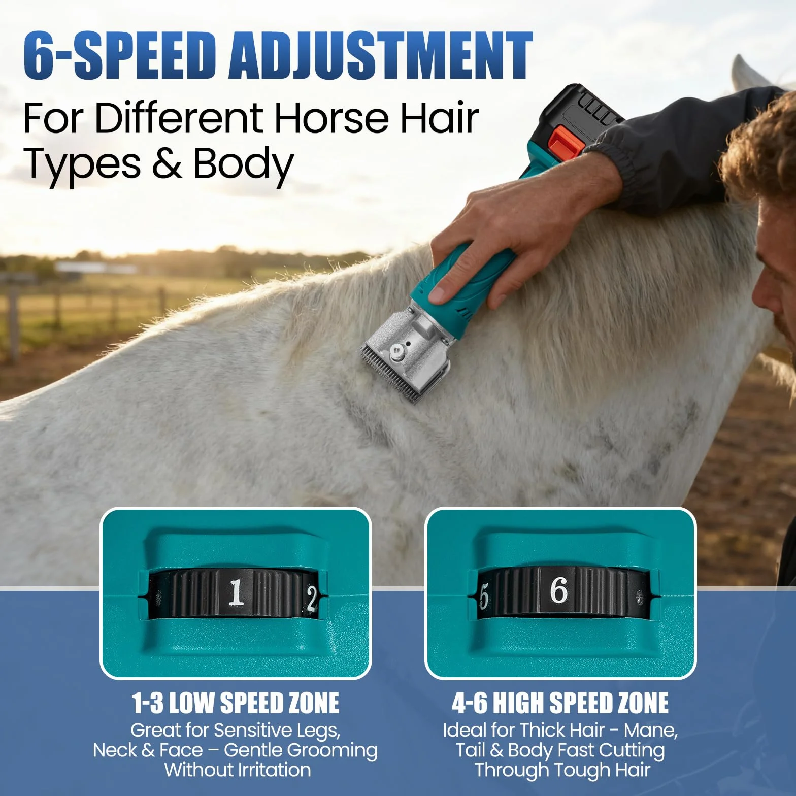 Anbull Máquina Cortapelo inalámbrica para caballos con 2 baterías 4Ah, motor potente 2800 RPM, cortadora profesional para pelo grueso y enredado, 6 velocidades