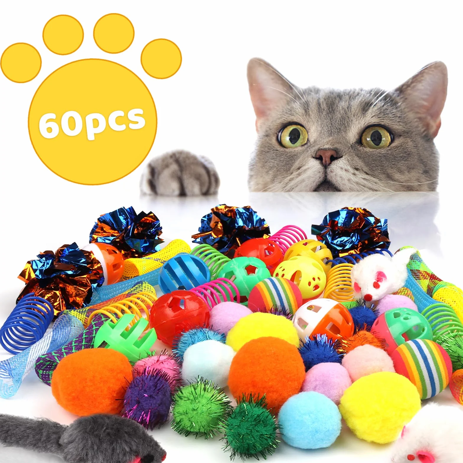QUOZUO Juego interactivo para gatos, 60 resortes, bolas brillantes, juguetes de ratón, bolas arrugadas y pompones para gatitos