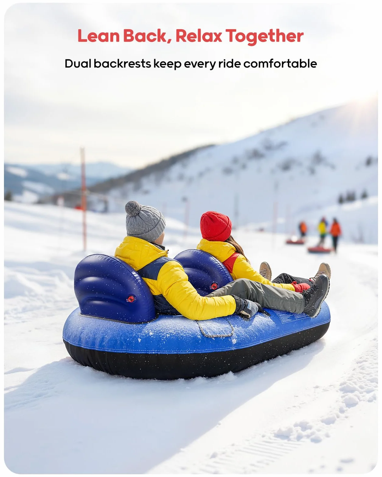 Neumático de nieve inflable para niños y adultos con dos respaldos y cuerda de tracción, asas, válvulas de soplado rápido (azul)