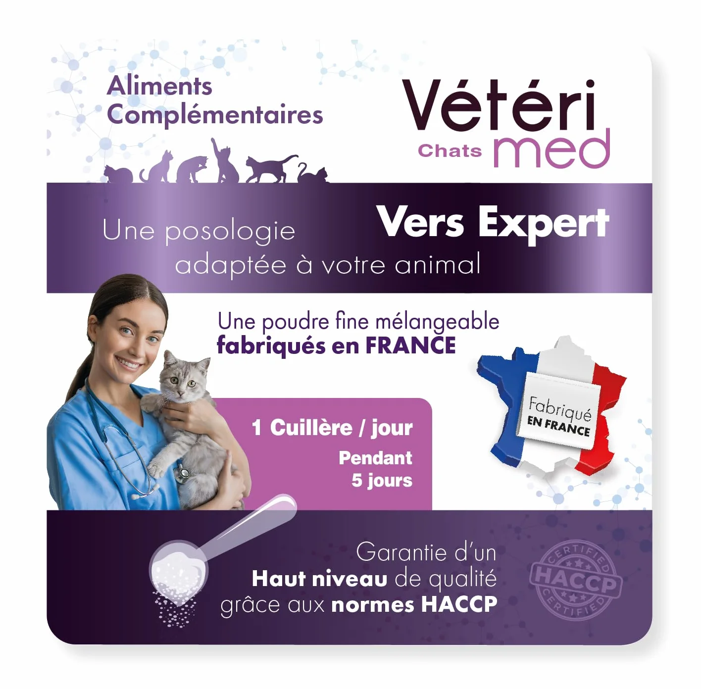 Desparasitante para Gatos Vétérimed, Higiene intestinal y Bienestar General, Fabricado en Francia, Polvo Natural