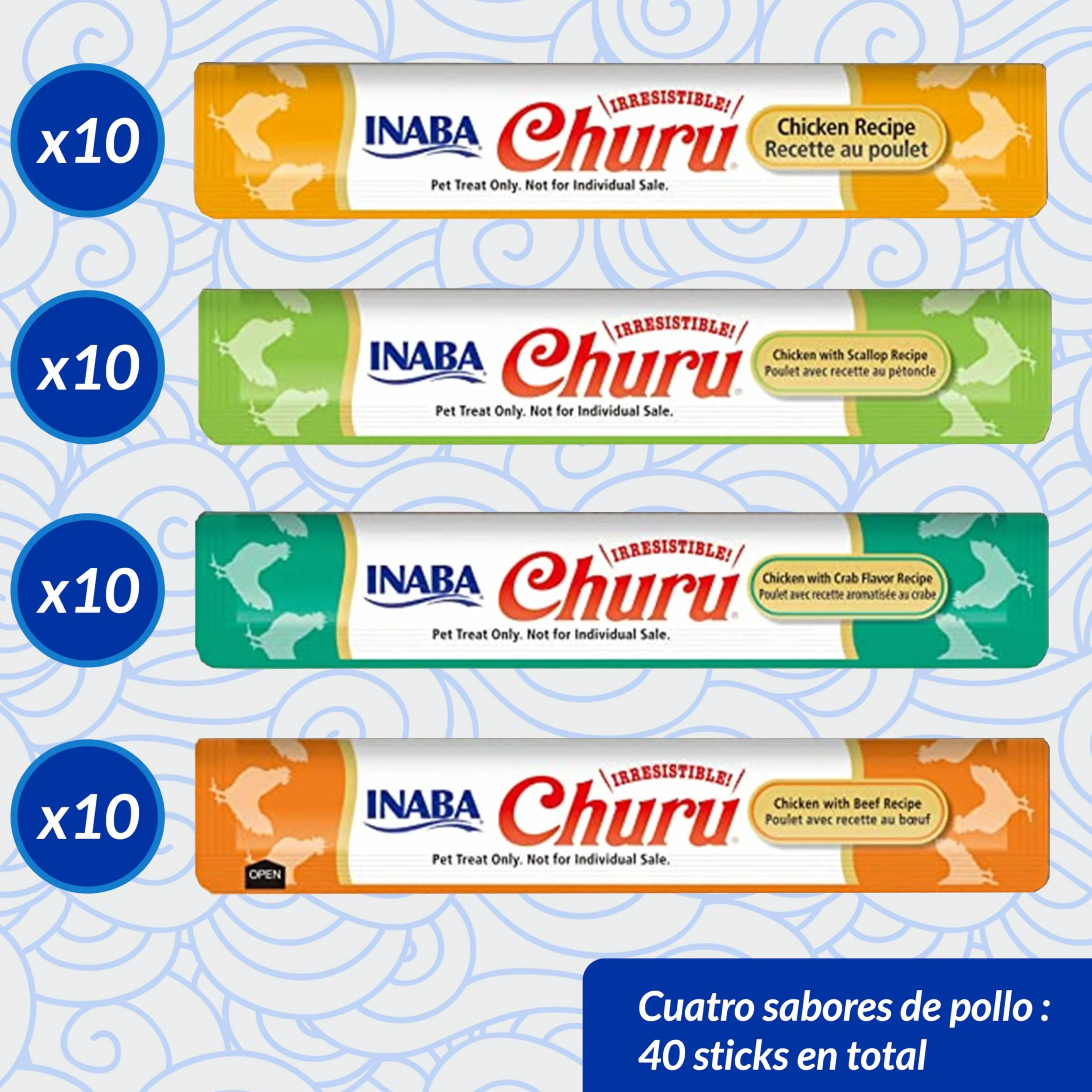INABA Churu Gatos - 4 Recetas de Snacks Saludables a Base de Pollo - Deliciosos Premios con Textura Suave y Cremosa - Natural, Sin Cereales, Sin Conservantes, Sin Colorantes - 560g (40x14g)