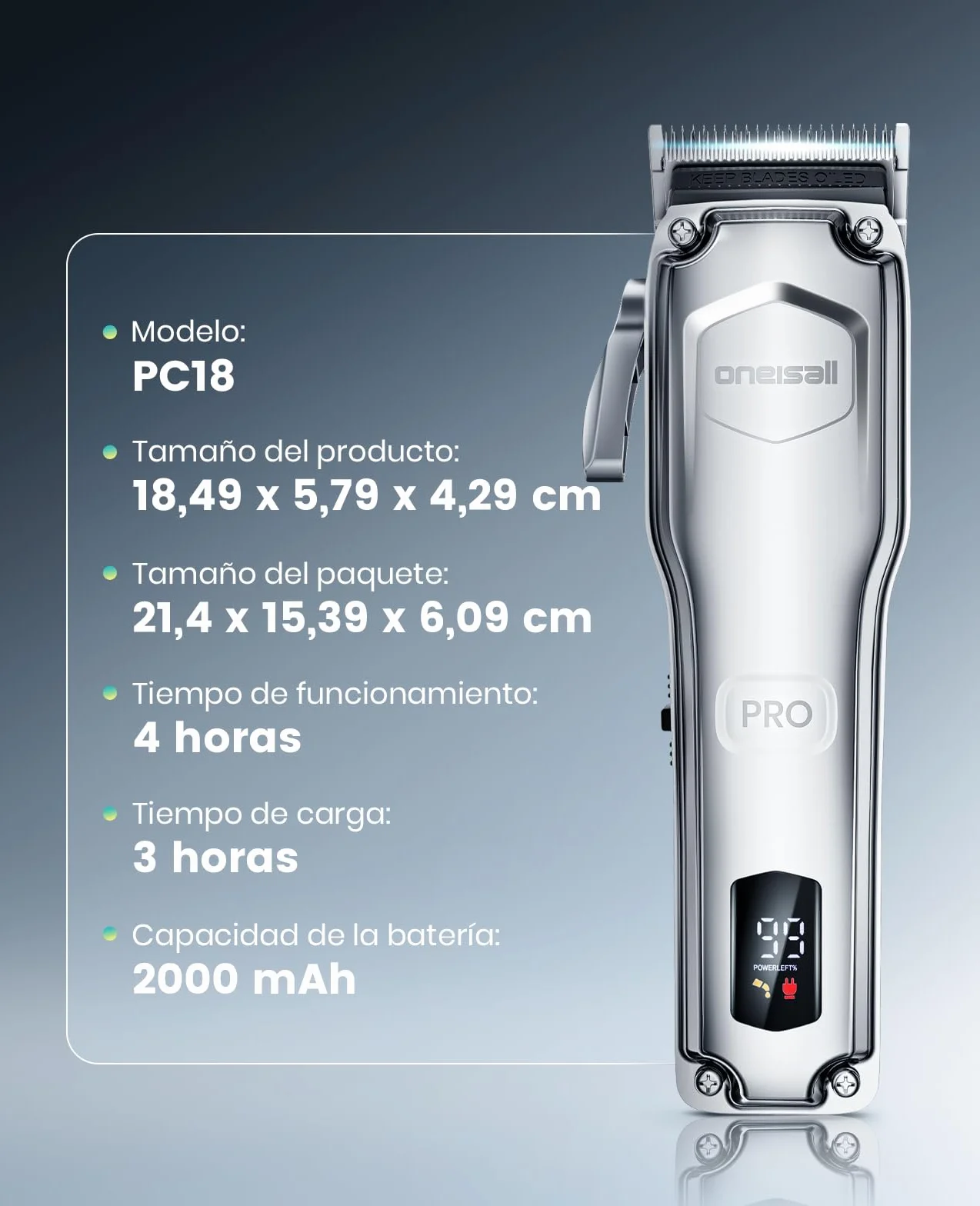 Oneisall Máquina Cortapelo para Caballos Inalámbrica 6 Accesorios Cuchilla Acero Extraíble Silenciosa Pelaje Grueso 4h Autonomía