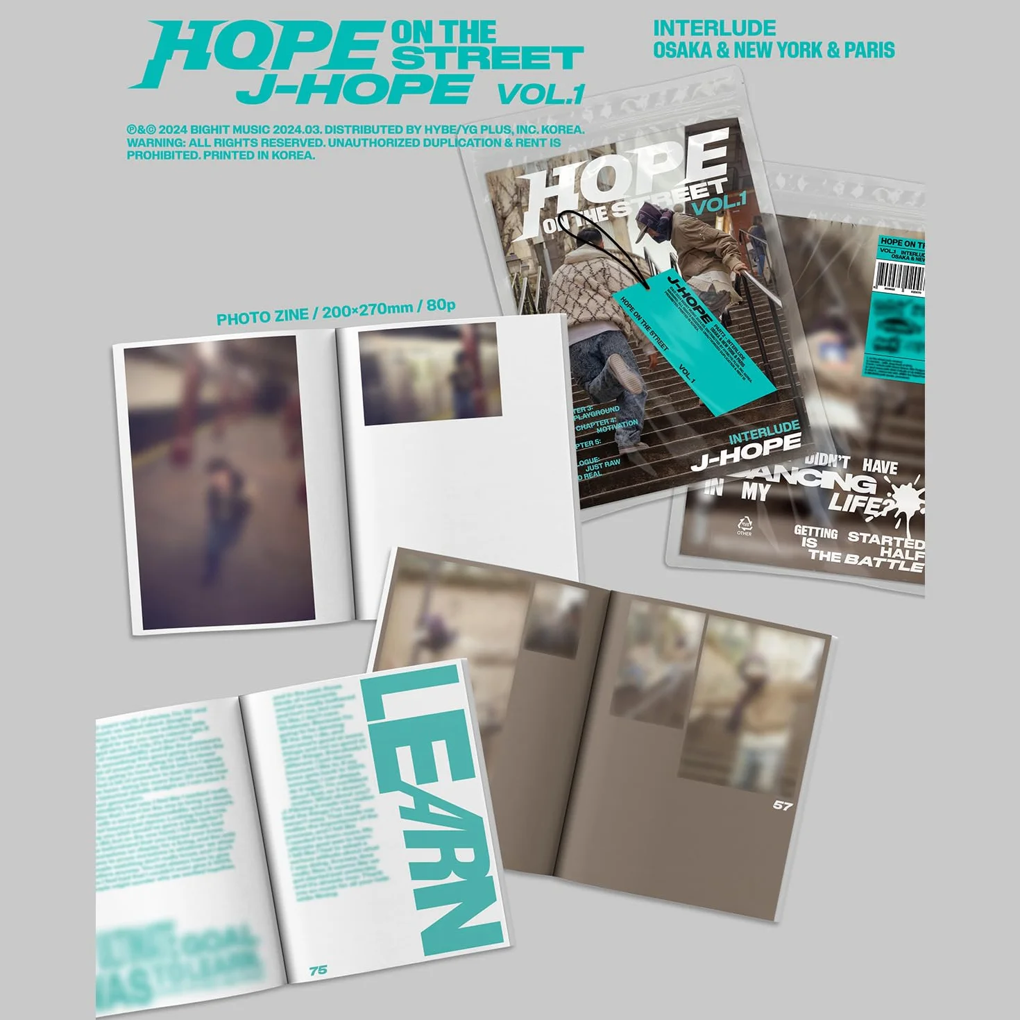 j-hope HOPE ON THE STREET VOL.1 INTERLUDE OSAKA NEW YORK PARIS VER. Photo Zine Poster Photo Card Sticker Lyrics Hang Tag 2 Extra Photocards