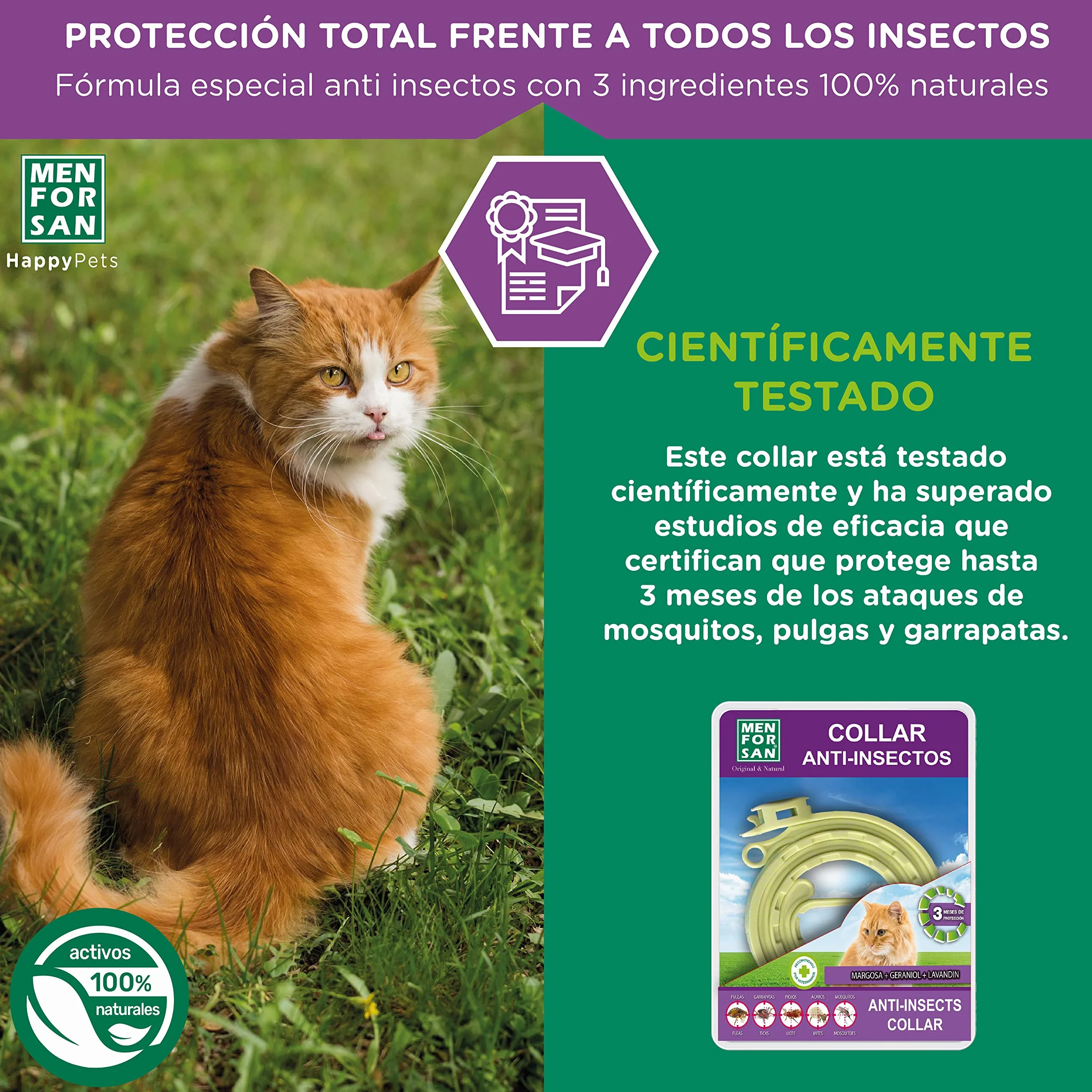 MENFORSAN Pack con 4 Collares Anti-Insectos Gatos, con Margosa, Geraniol y Lavandino, Bolsa autocierre