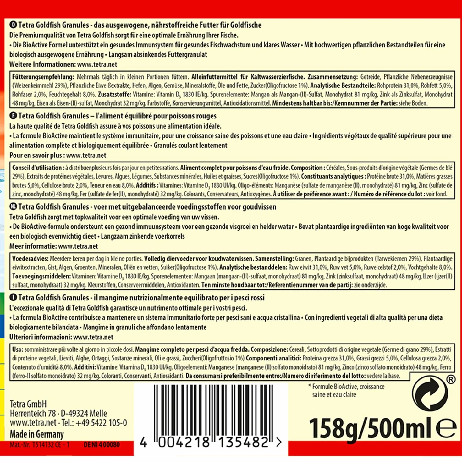 Tetra Goldfish Granules - Alimento granulado para carpines dorados y otros peces de agua fría, lata 500 ml