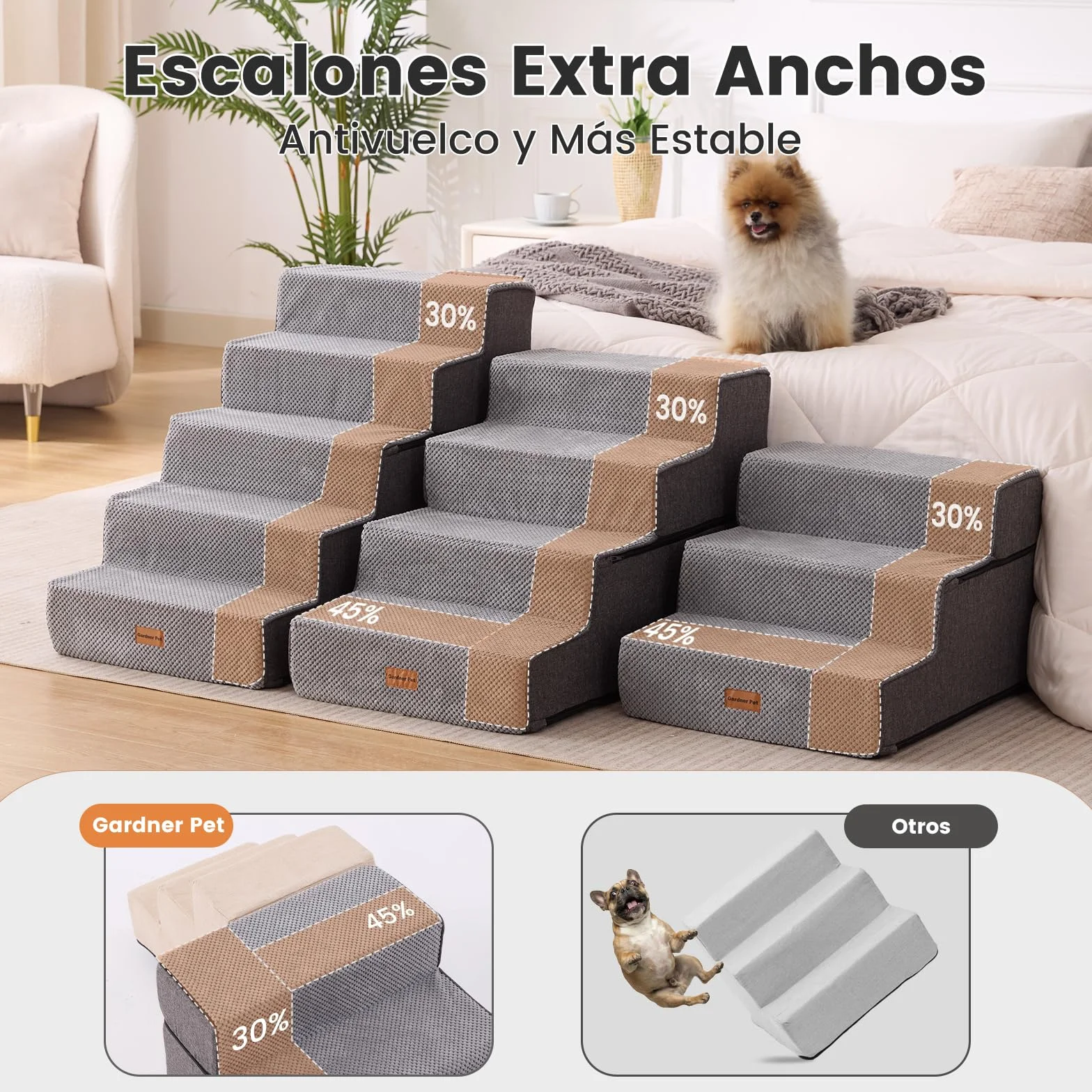 Gardner Pet Escalera para Perros Grade 3 de Espuma de Alta Densidad, 58 cm de Ancho, con Funda extraíble, Antideslizante, facilita el Acceso de Las Mascotas a sofás y Camas - Gris