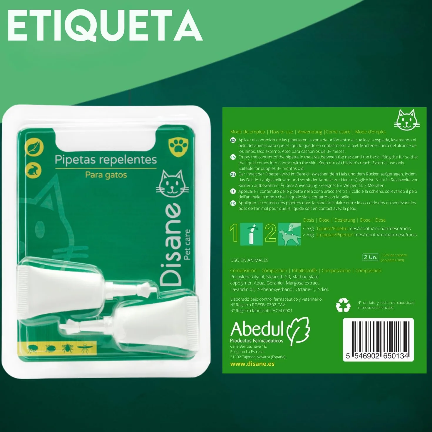 DISANE Pipetas Antiparasitarias para Gatos 100% Naturales | 2 Uds | 2 Meses de Protección contra Insectos y Parásitos: Pulgas, Garrapatas y Mosquitos | Antipulgas Sin Toxicidad para el Gato