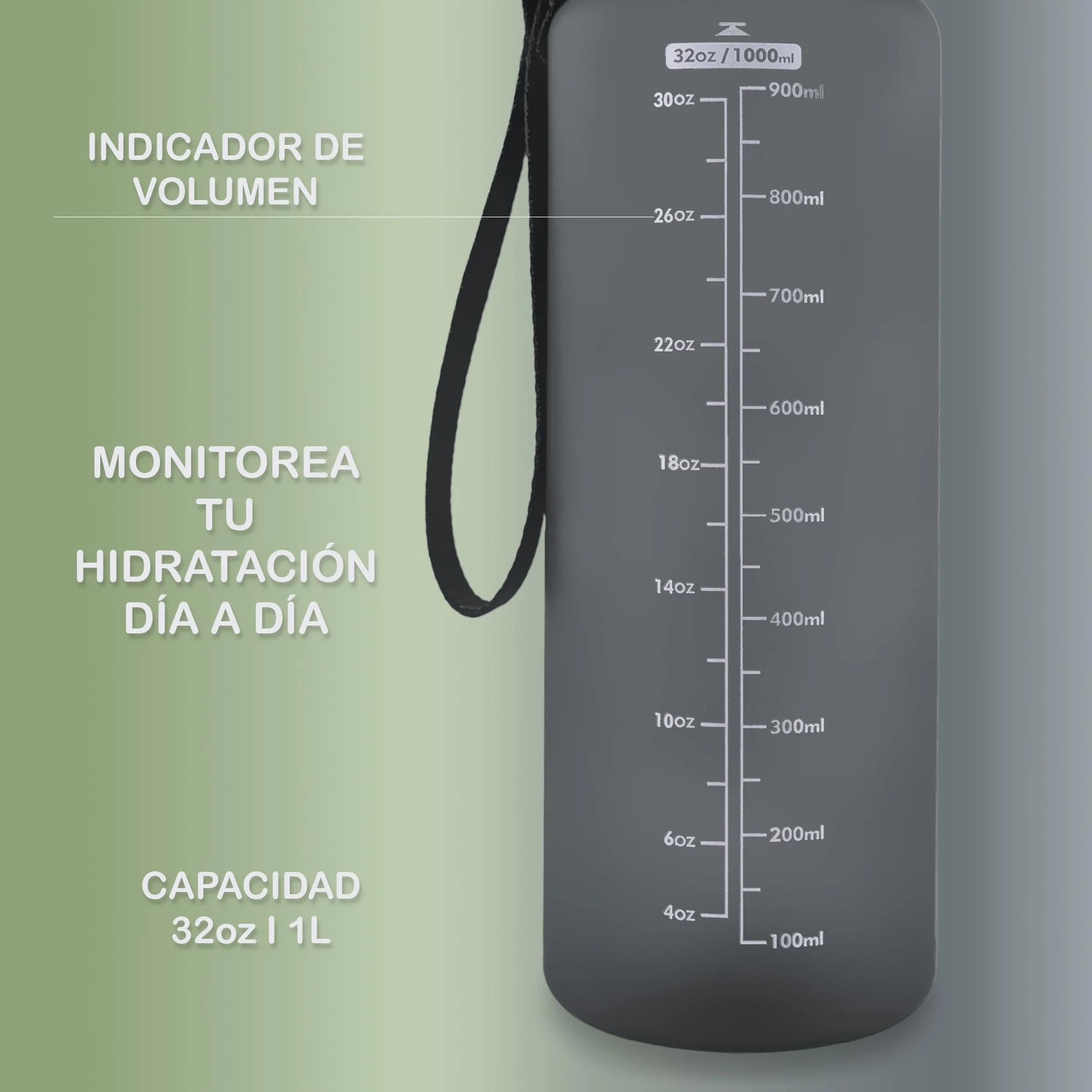 Otto Koning Botella Agua 1L Deportiva Sin BPA Hermética Boca Ancha Correa Resistente Reutilizable