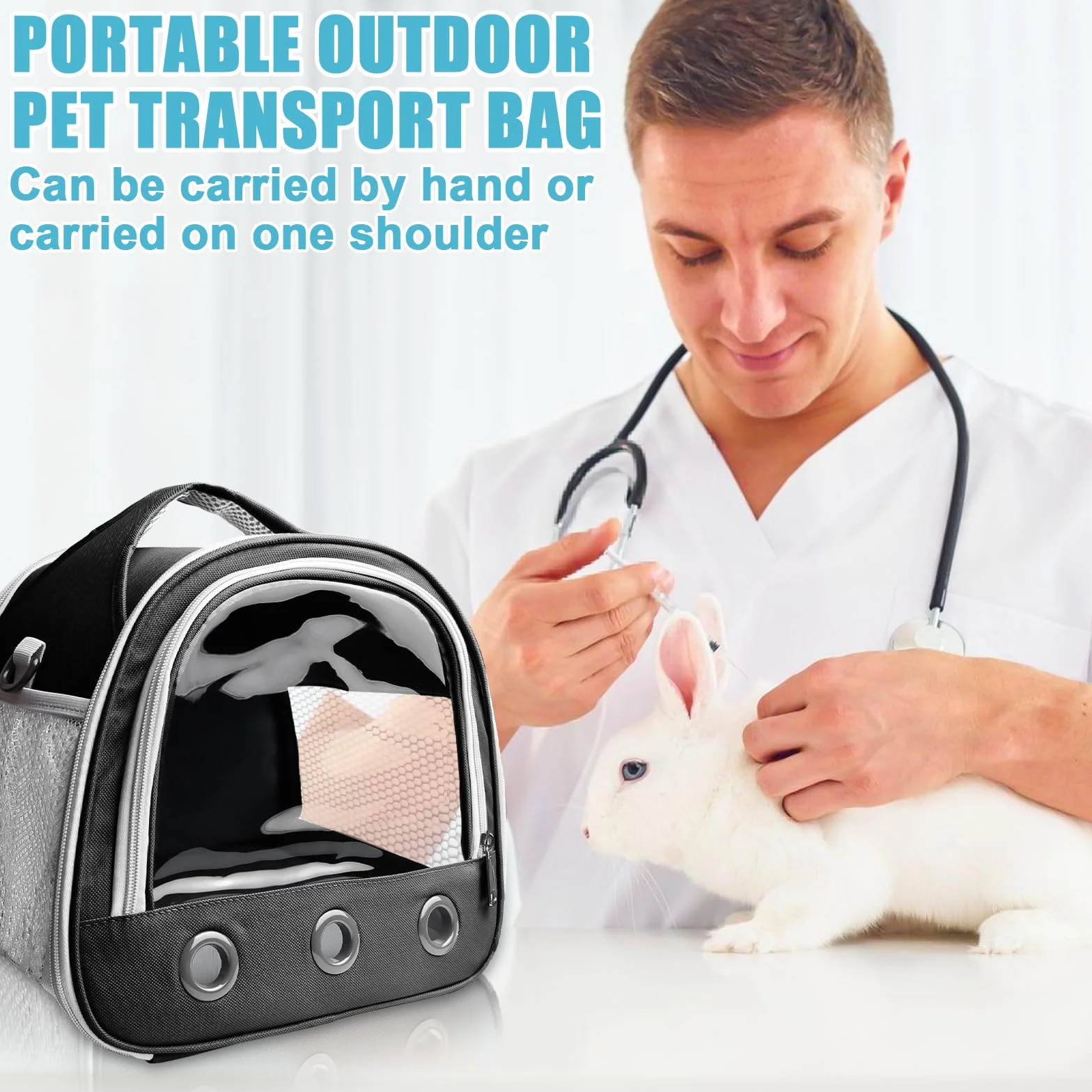 Transportín para conejos, 30 x 21 x 27 cm, caja de transporte para gatos, cobayas, bolsa de viaje para mascotas, bolsa de transporte plegable con correa para el hombro para gatos, perros, conejos