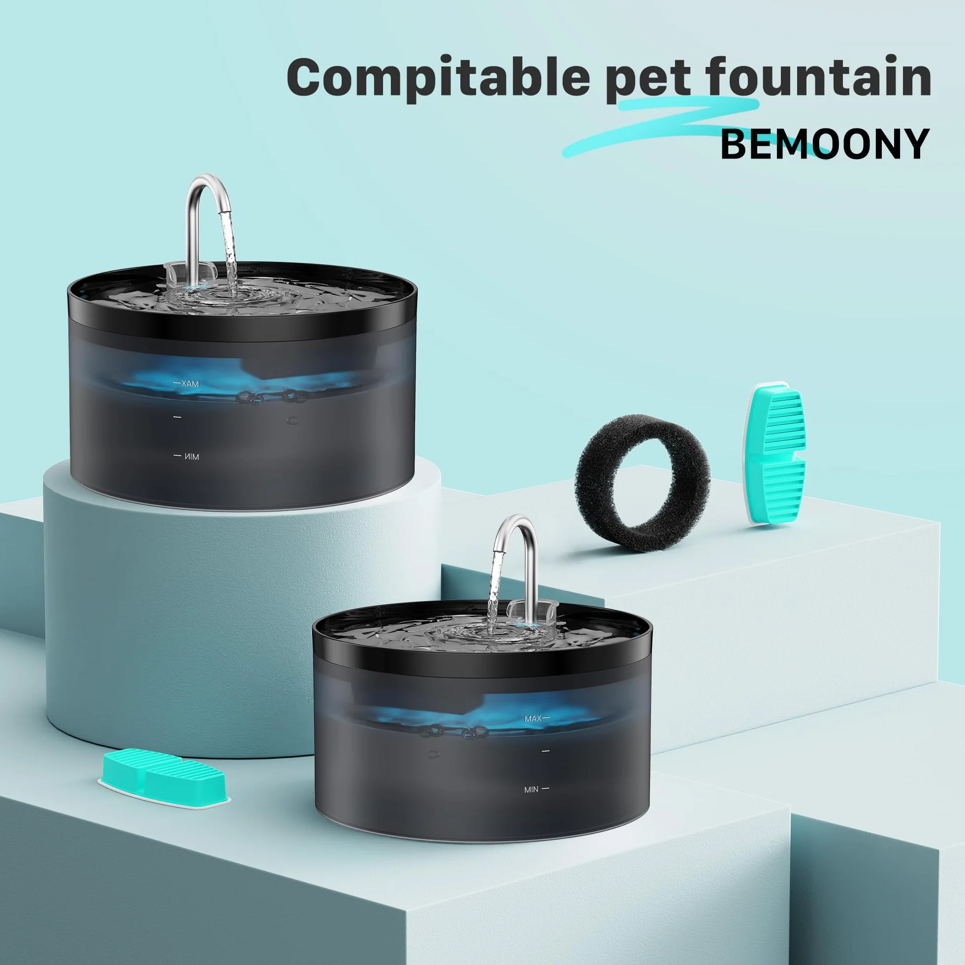 Filter BEMOONY Fuente para Gatos Filtro, 6 Filtros de Carbón + 6 Esponjas, Multifiltración, para 3,2L Bebedero Gatos(H7), Filtración de Pelos Flotantes, Suavizar la Calidad del Agua