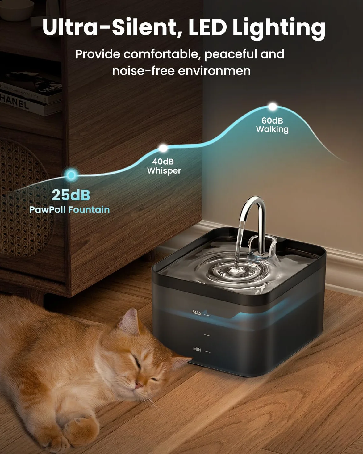 Fuente para Gatos, 2,2L Bebedero Gatos, Súper Silenciosa, Fácil de Limpiar, Fuente de Agua para Perros con LED y Filtro de Carbón Activado, Dos Patrones de Flujo de Agua