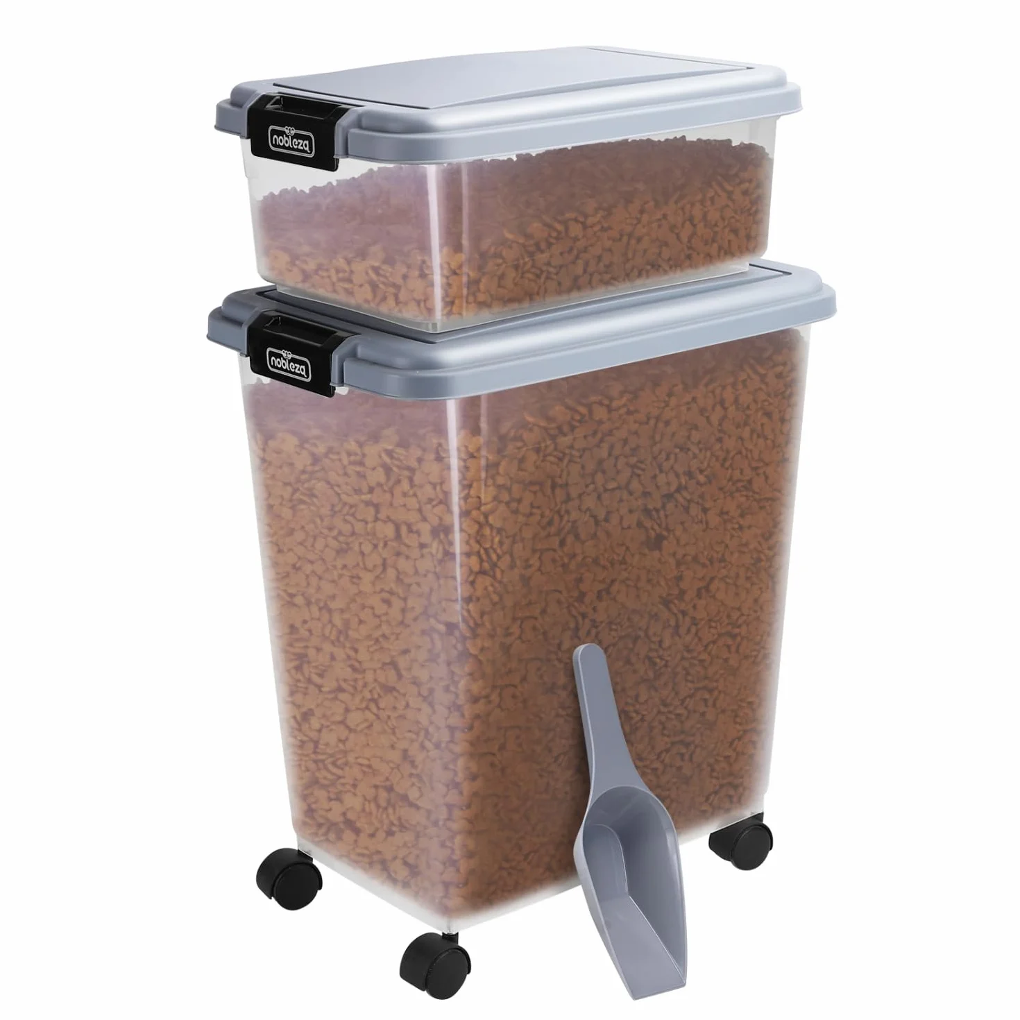 Nobleza Contenedor de Comida para Mascotas 10L+40L， Caja Hermética Transparente con Ruedas， Tapa Abatible y Pala para Alimento de Perros y Gatos， Gris