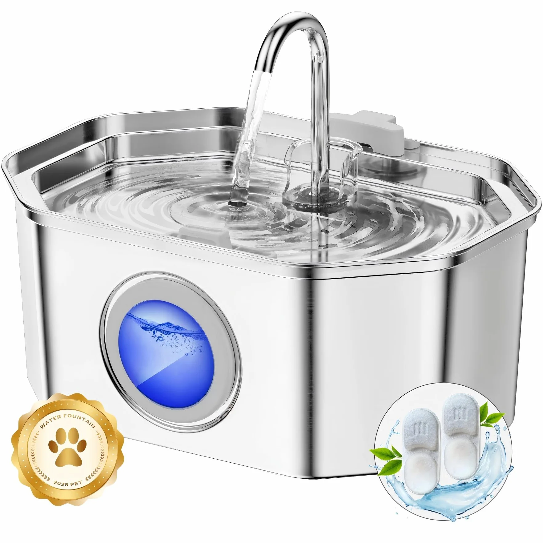 Apauk 3.2L Fuente para Gatos Acero Inoxidable, Bebedero Gatos, Silencioso Fuente de Agua para Gatos y Perros pequeños, con Ventana LED, Sistema de Filtro Multicapa(2 Filtros & 2 Esponjas)