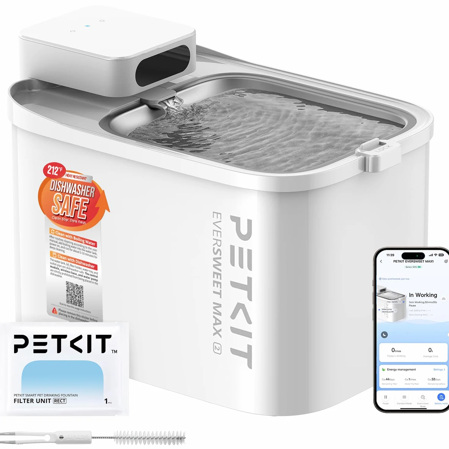 PETKIT EVERSWEET MAX 2 Fuente para Gatos sin Cable, Resistente al Calor, con Sensor de Movimiento, 5000mAh Batería Recargable, Control de App, 3L Bebedero Gatos Automático, Acero Inoxidable