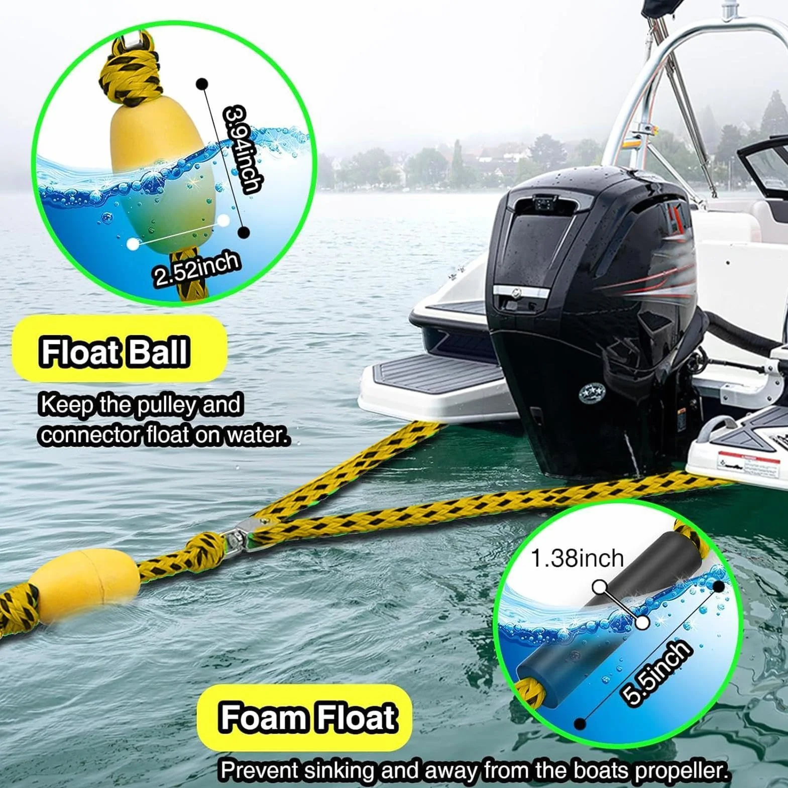 Cuerda Remolque para Tubing Y Cable Arrastre 4 Usuarios Gancho Polea Giratoria 360° Flotadores Inflables Deportes Acuáticos