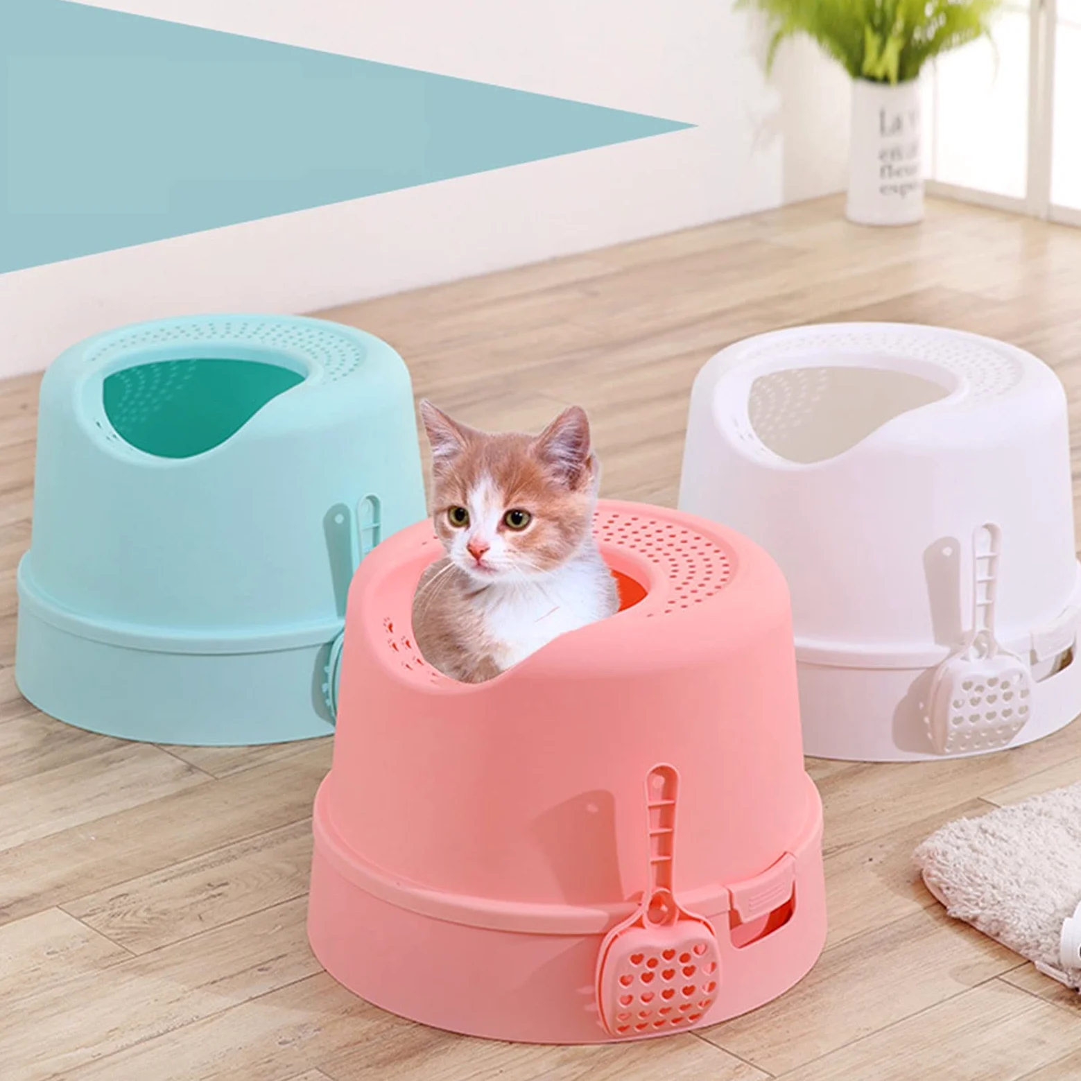 Cajas de Arena Caja de arena de gato de entrada superior con arena de gato Scoop Splash a prueba de salpicaduras de gato multifuncional Base redonda de bandeja desmontable Material PP Arenero ​Gatos