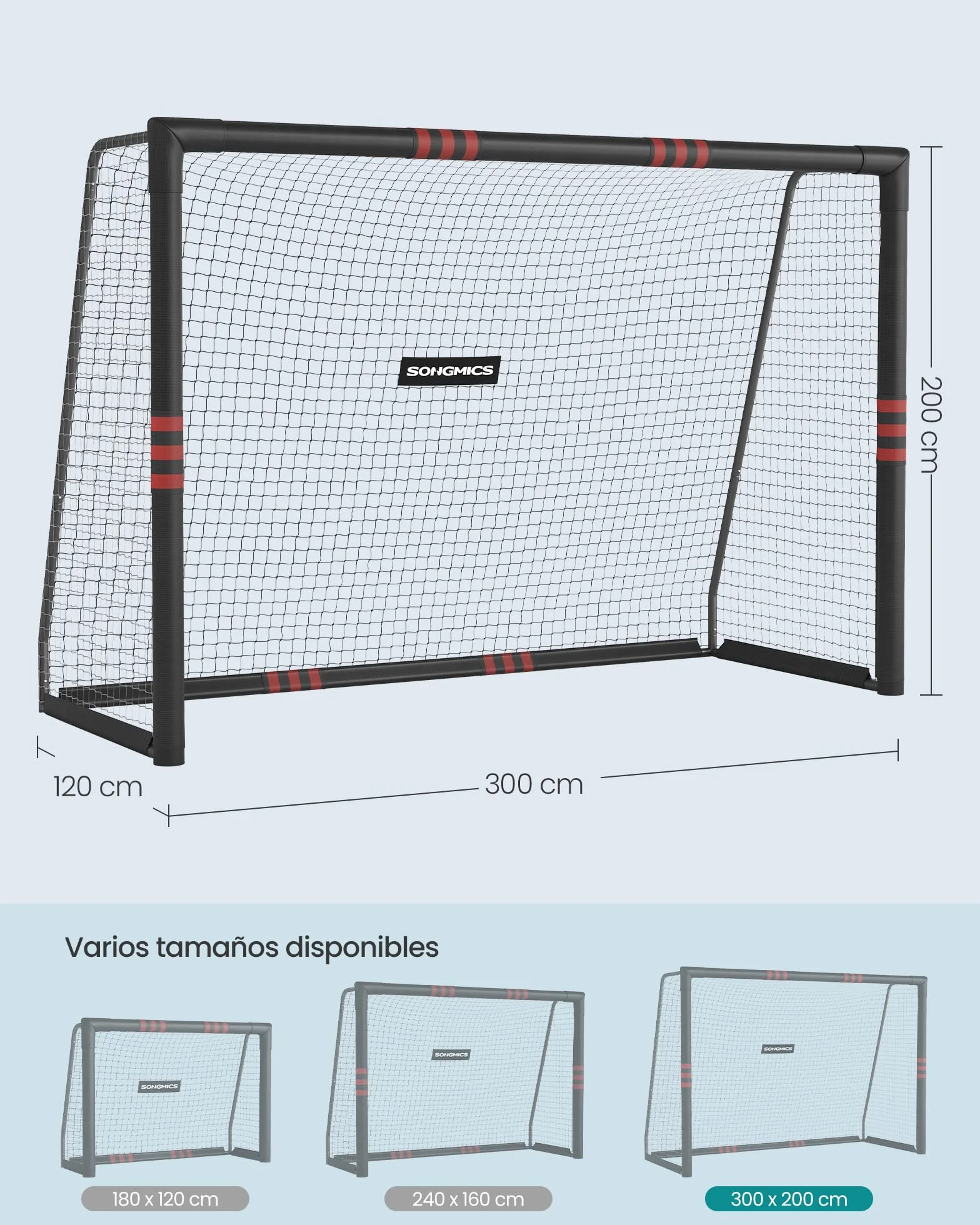 SONGMICS Portería de Fútbol 120 x 300 x 200 cm Acero Red PE Exterior Negro