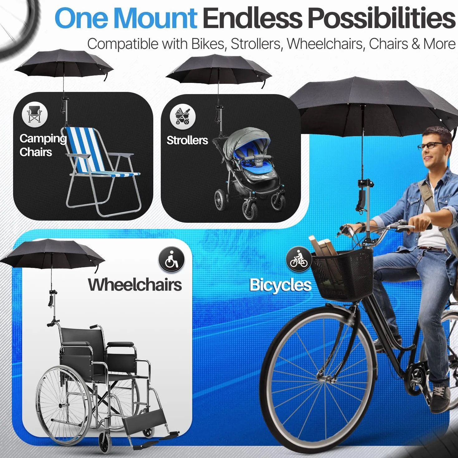 Flexzion Soporte para paraguas ajustable para bicicleta eléctrica, cochecito, carrito, silla de ruedas