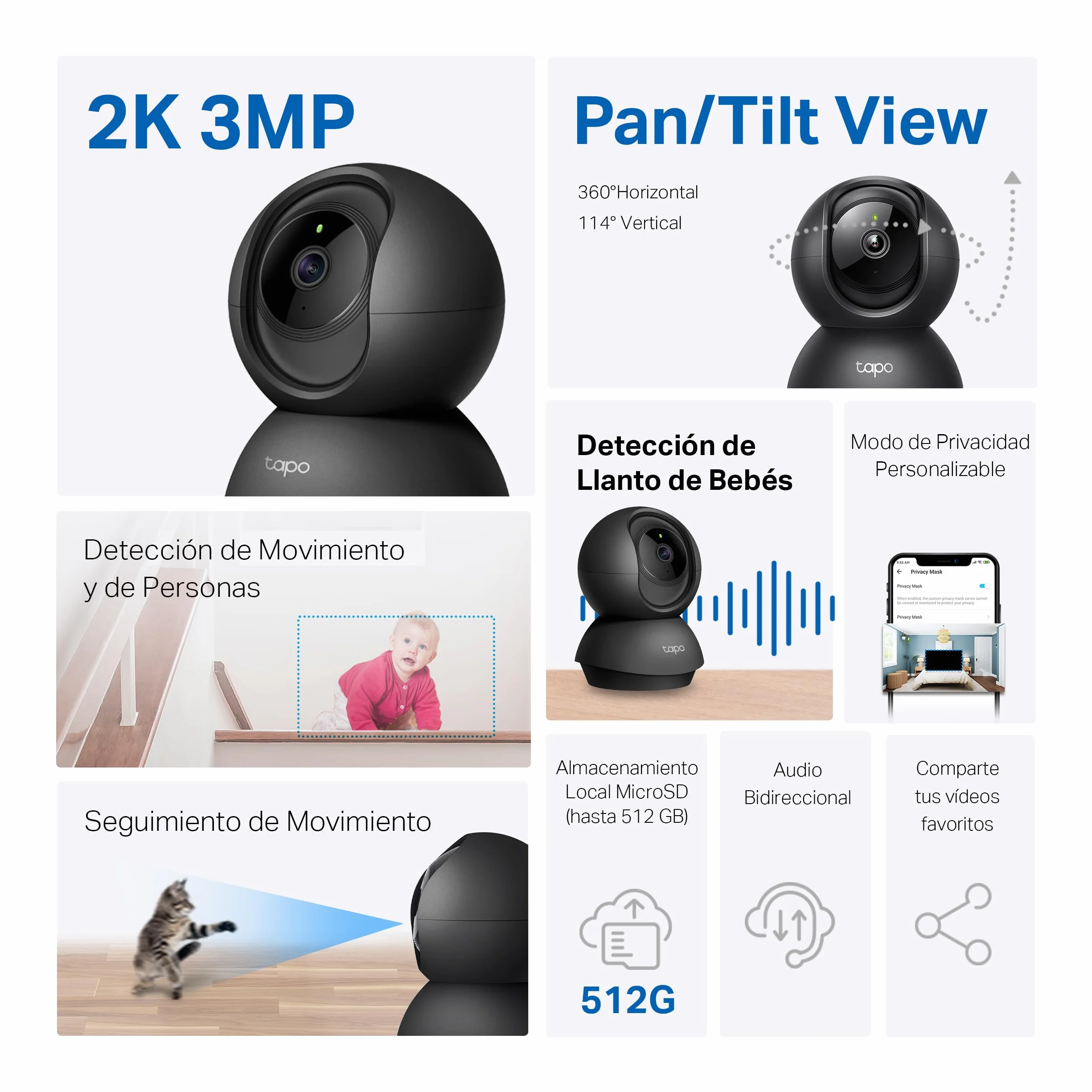 Tapo C211-2K Pan/Tilt Cámara de Seguridad Interior para Monitor de bebé-cámara de Mascotas-Detección de Movimiento y Seguimiento-Funciona con Alexa y Google,Admite Tarjeta SD hasta 512 GB