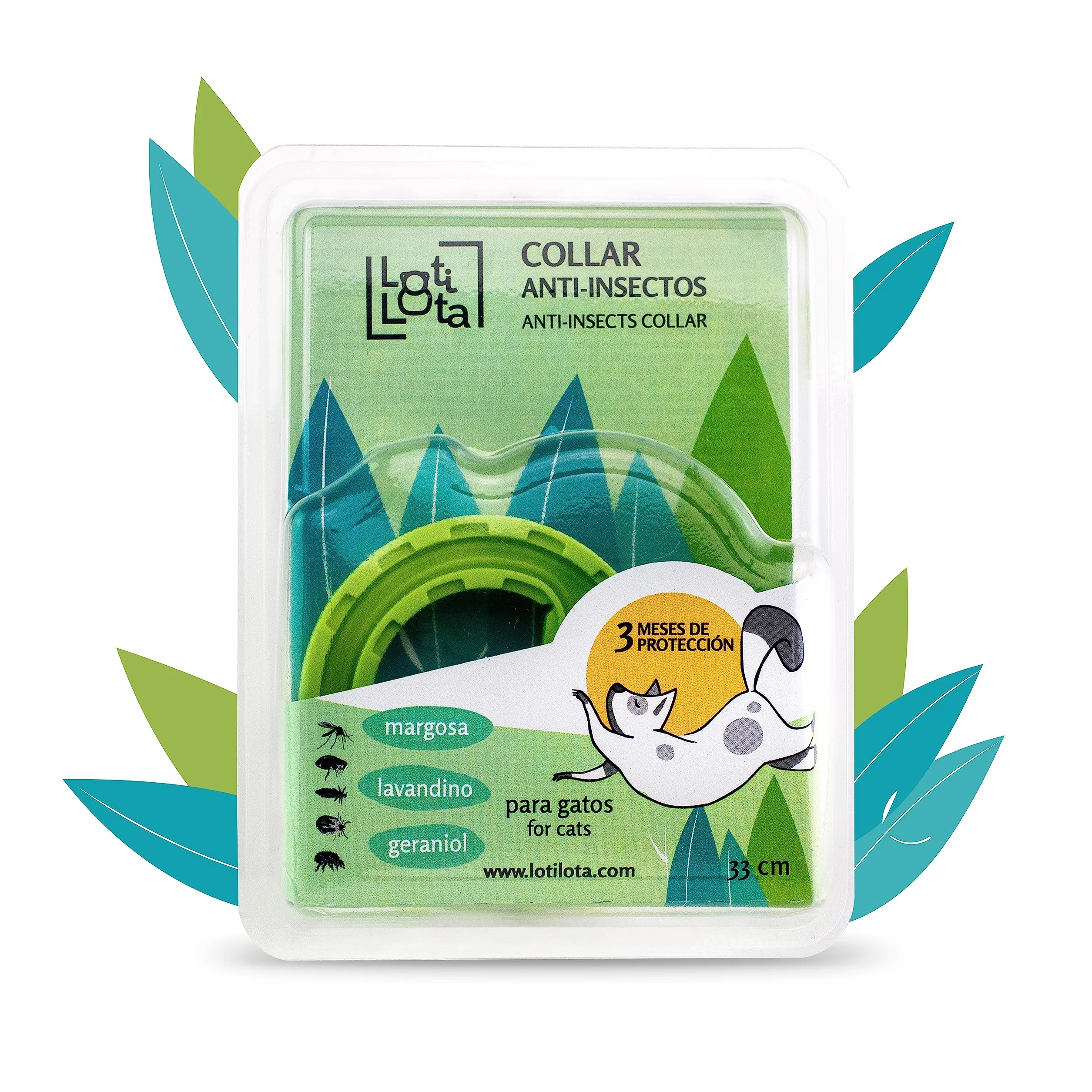 Collar Anti-Insectos para Gatos - Activos Naturales - Geraniol, Margosa, Lavandino - 33 cm Ajustable - Resistente al Agua -
