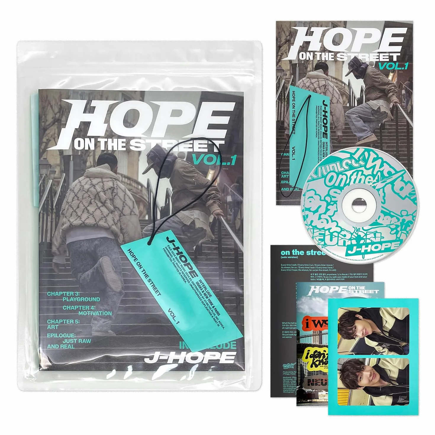j-hope HOPE ON THE STREET VOL.1 INTERLUDE OSAKA NEW YORK PARIS VER. Photo Zine Poster Photo Card Sticker Lyrics Hang Tag 2 Extra Photocards