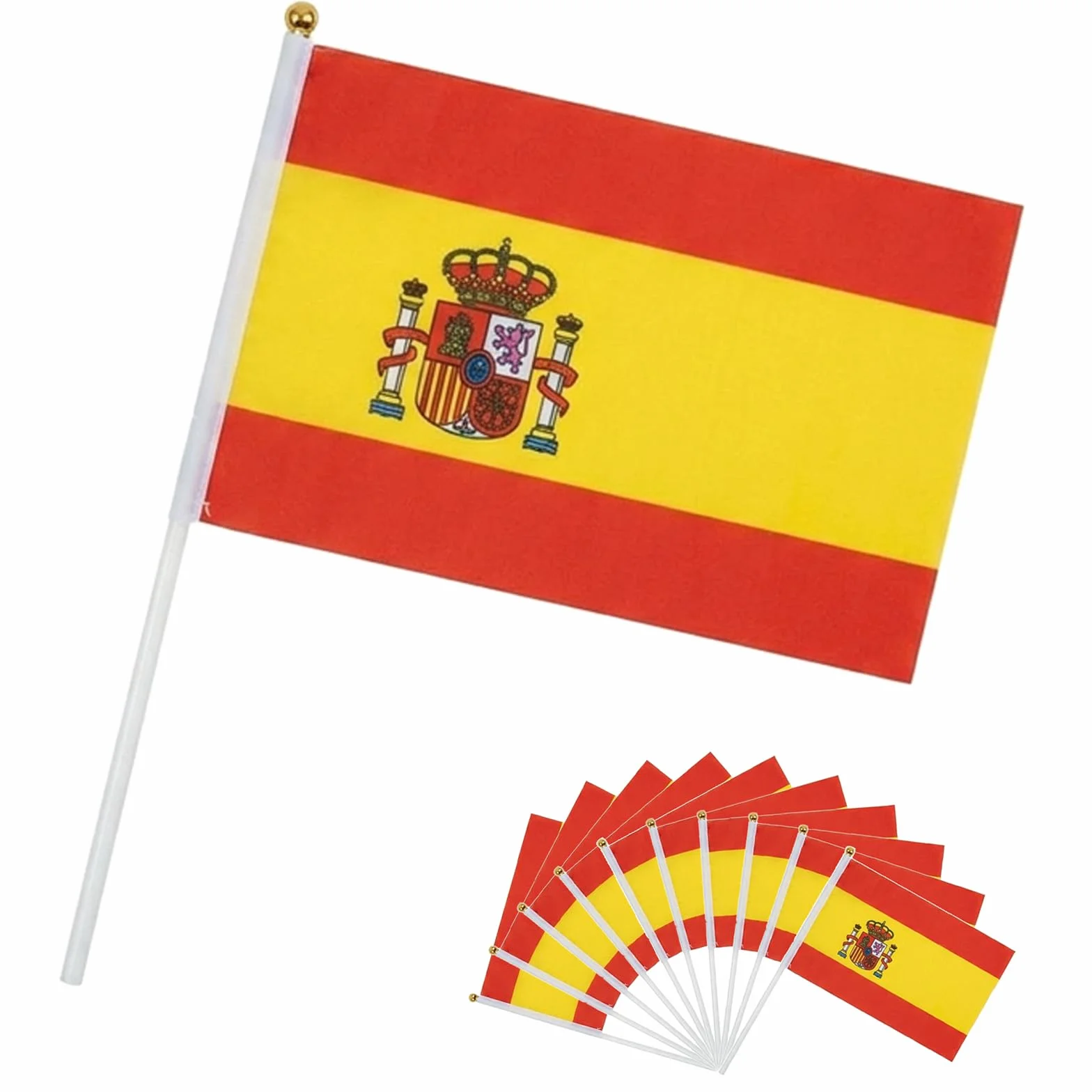 Banderas de Mano España 14x21 cm 10 Unidades Poliéster con Palo para Fútbol y Eventos