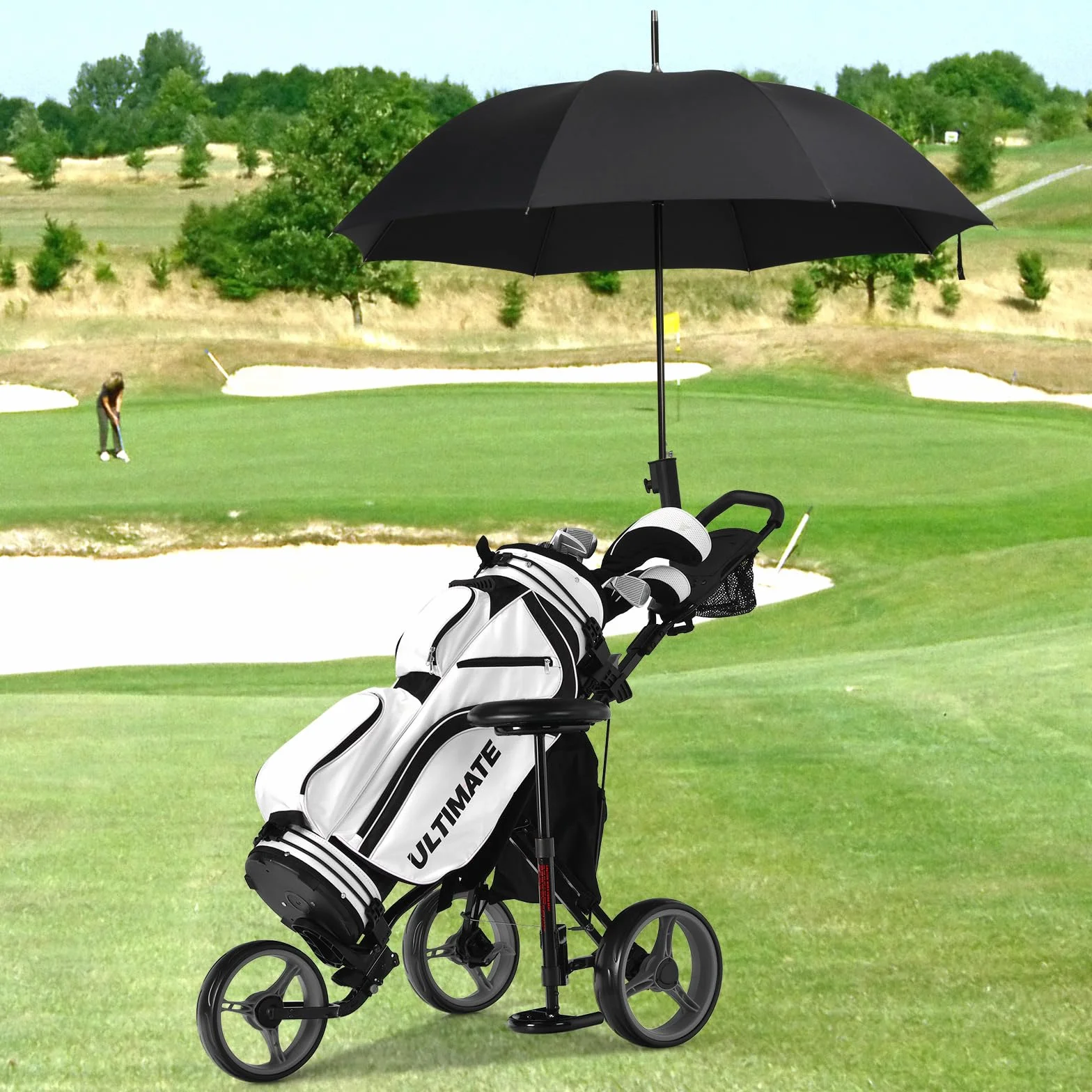 GYMAX Carro de Golf Plegable 3 Ruedas con Altura Ajustable y Portabebidas