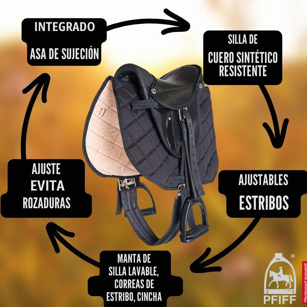 PFIFF 103106 - Juego Completo de sillín para niños Shettys o Caballos de Madera, Color Negro