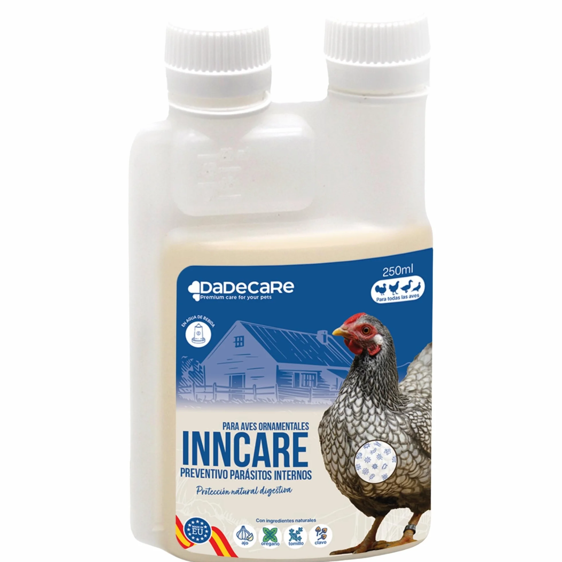 Preventivo Parasitos Internos Natural 250 ml - Gallinas, Aves de Corral y Exóticas - Previene y Trata Problemas digestivos - Fórmula Natural - Extracto de Ajo y Oregano - Inncare