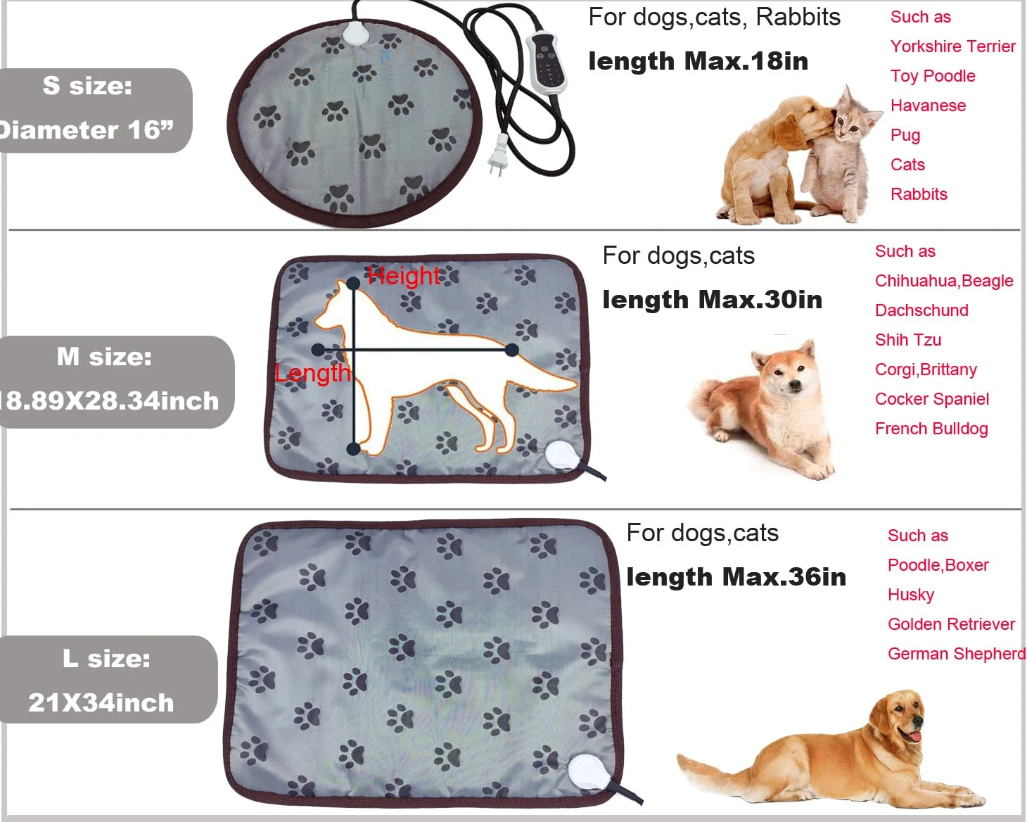 Almohadilla térmica para mascotas para perros grandes, gatos, almohadilla térmica para perros, almohadilla térmica eléctrica para perros con temporizador, alfombrilla de calentamiento ajustable, a