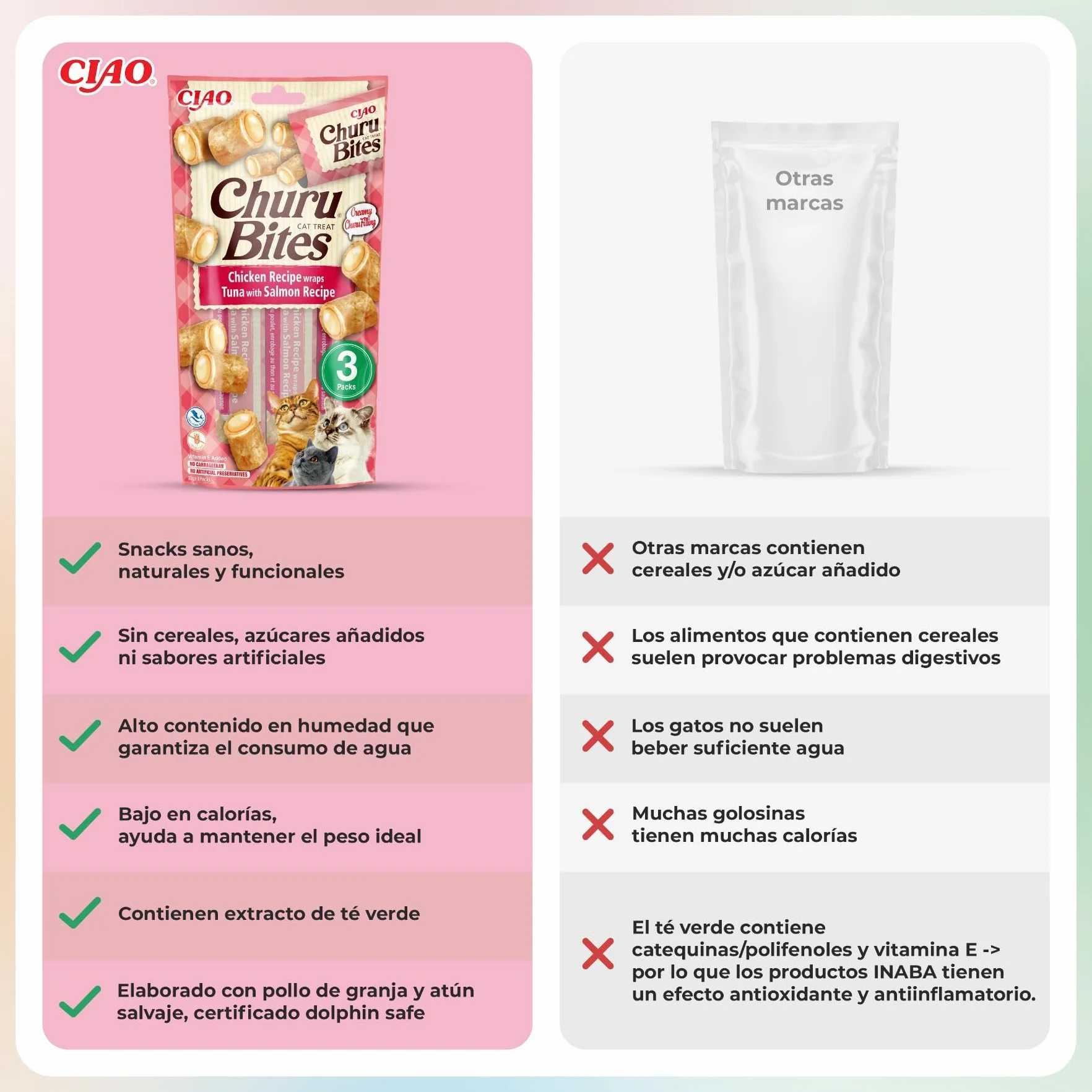 INABA Churu Bites Gatos - Snacks de Atún y Salmón - Premios Saludables - Golosinas Crujientes y Cremosas - Pequeña y Práctica Porción - Sin Conservantes ni Colorantes - 30g (3x10g)