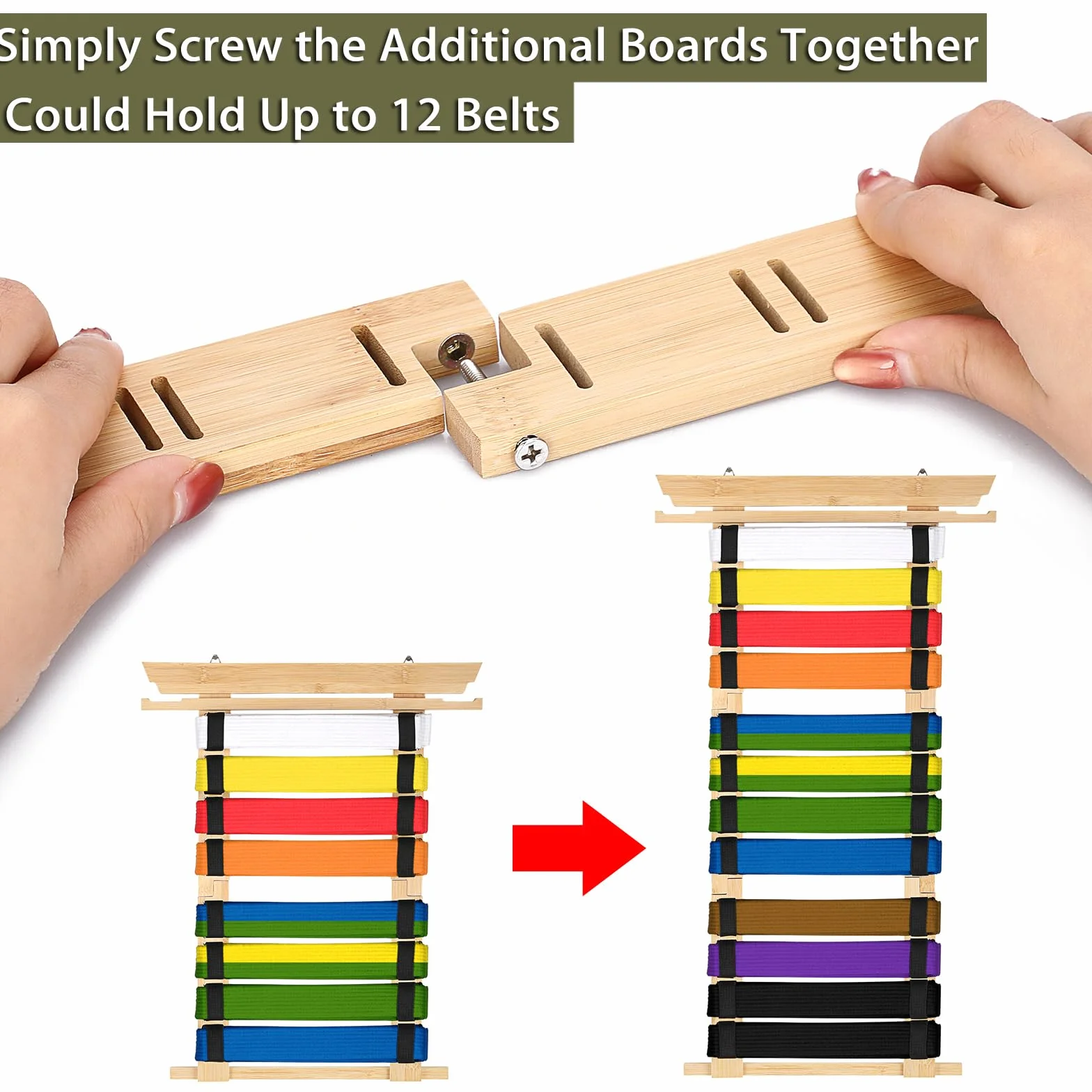 JUXYES Organizador de cinturones de artes marciales para pared 8-12 cinturones, soporte de bambú para karate
