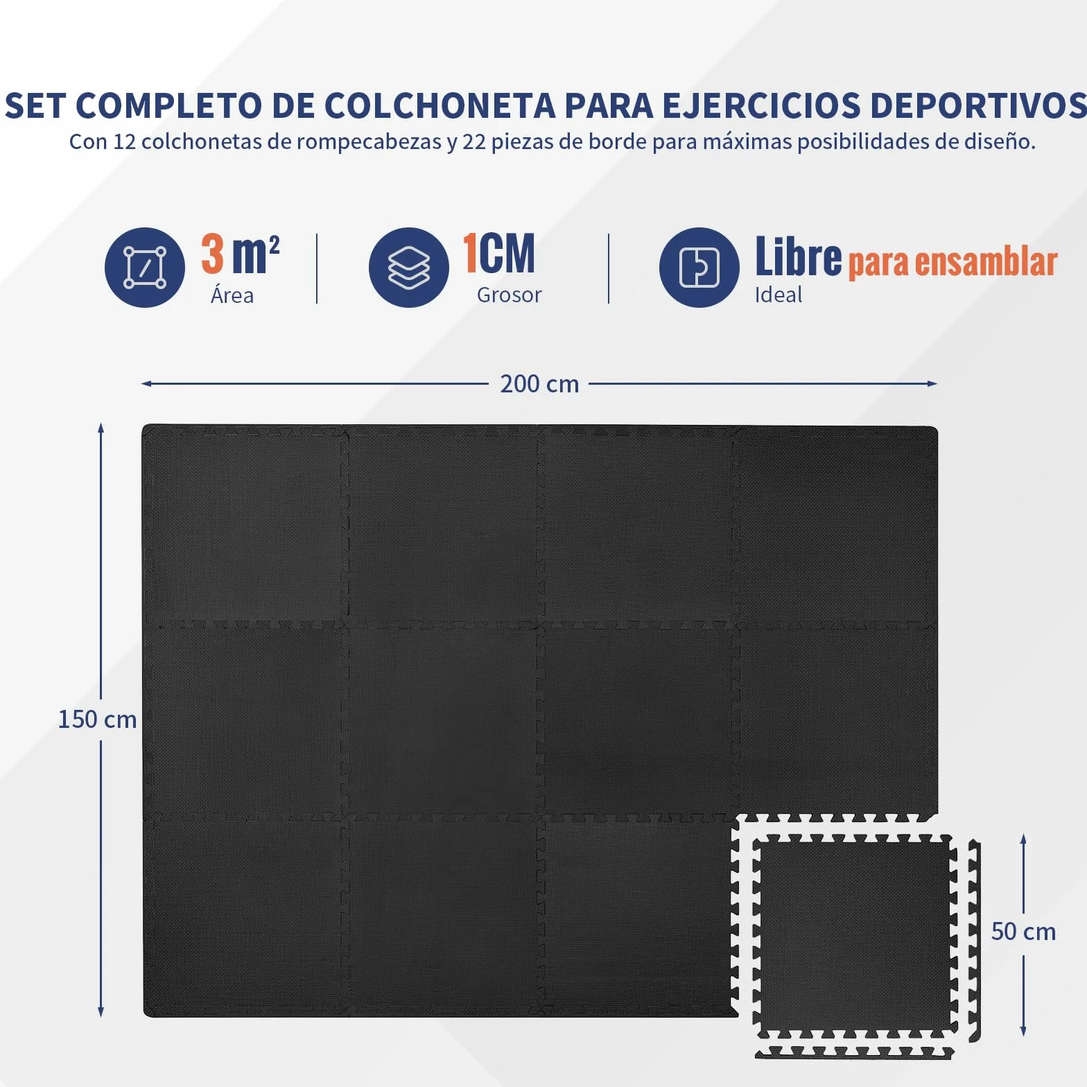 Esterilla Fitness Puzzle 50x50 cm 12 Piezas 3㎡ EVA para Suelo de Gimnasio