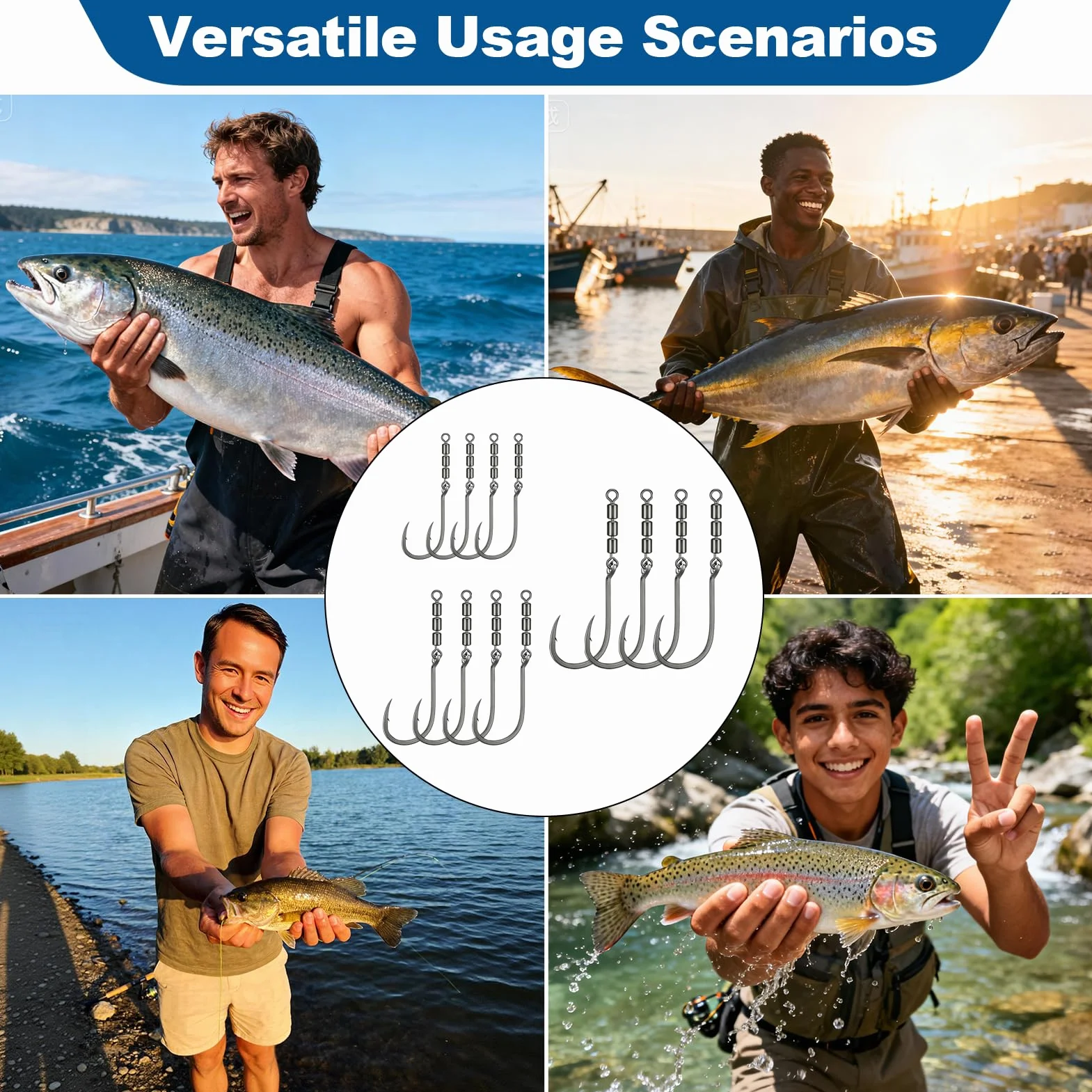 Anzuelos de Pesca Giratorios 12 Piezas 2# 4# 6# Acero Alto Carbono 360° para Trucha