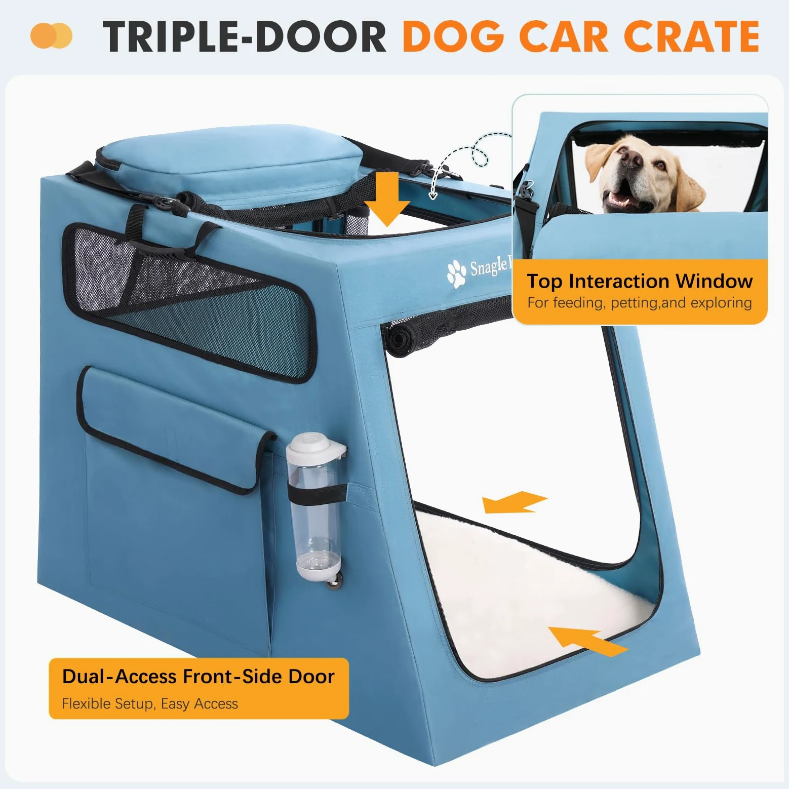 Snagle Paw Jaula portátil para perros para viajes en coche, plegable, grande, con marco de metal y ventanas de malla de 3 puertas, se asegura en el maletero/asiento trasero, transportador de perrera