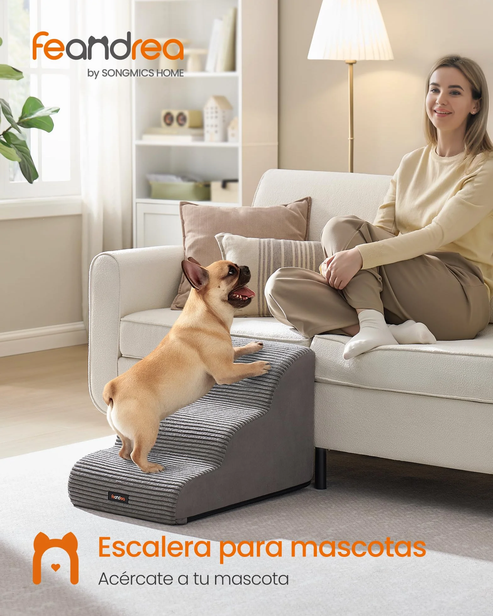 Feandrea Escalera para Perros de 3 Peldaños, para Cama, Sofá, Impermeable con Diseño Antideslizante, Pendiente Suave, Cubierta Lavable Extraíble, Asa, Gris Paloma PPS003G01