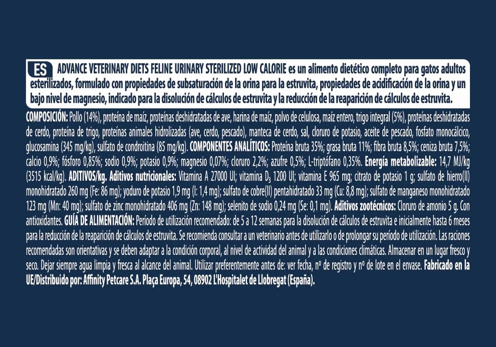 Advance Veterinary Diets Urinary Low Calorie, Pienso para Gatos para el Control del peso y protección de las vías urinarias, 7,5kg