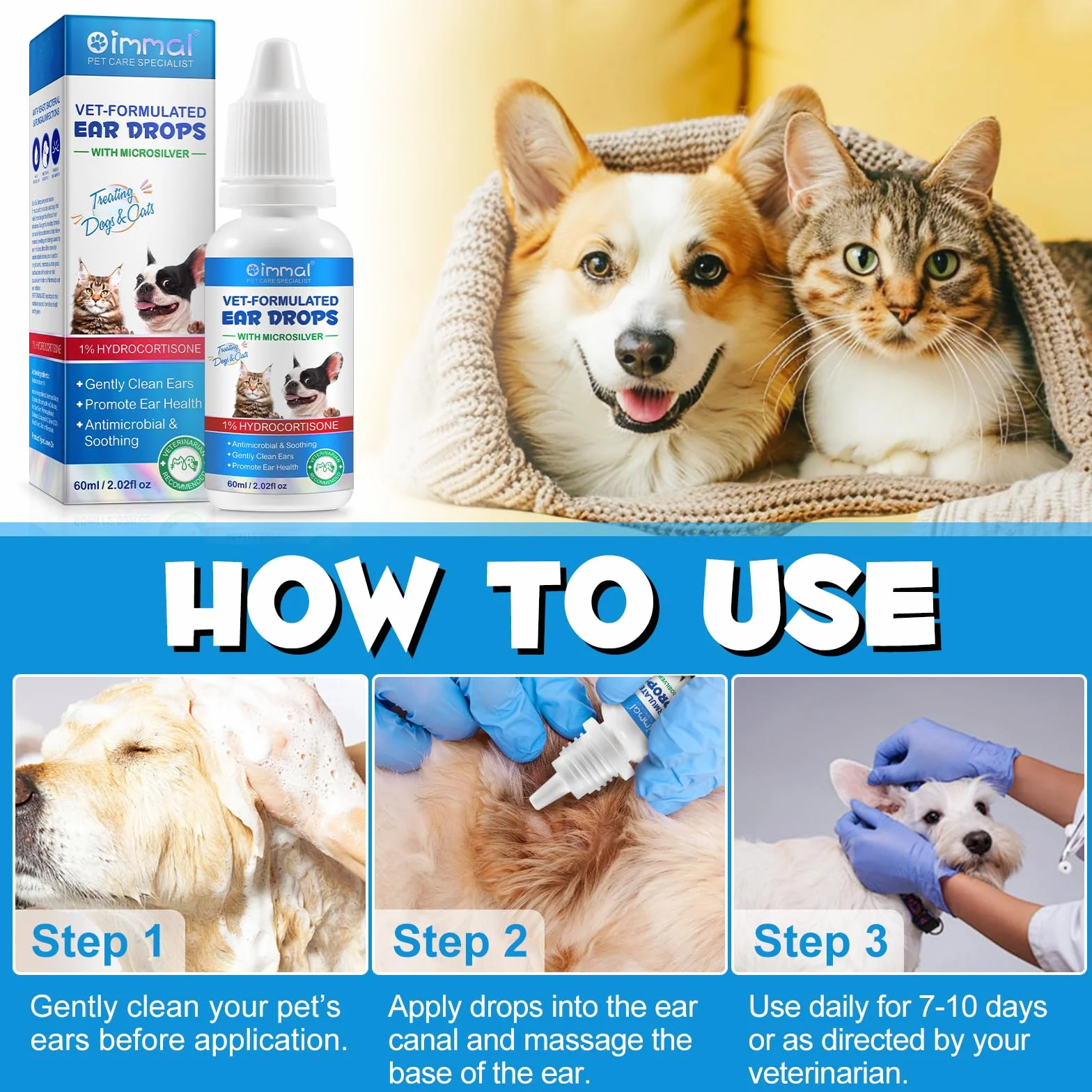 Gotas para los oídos para gatos, perros, mascotas pequeñas, gotas antisépticas para los oídos para animales, picazón y olores, limpiar, proteger, combate infecciones y calma la irritación, detiene los