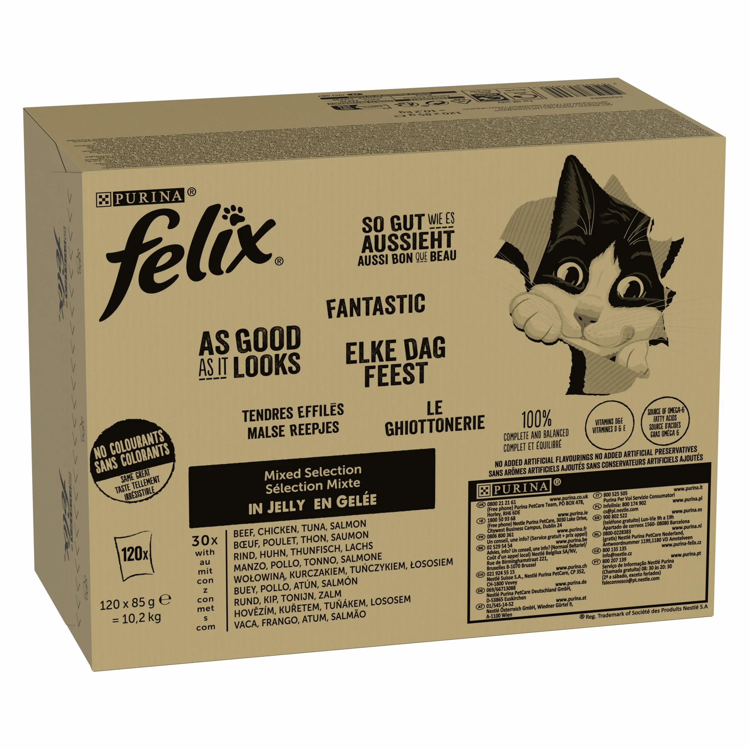 Purina Felix Fantastic Comida Húmeda para Gato Adulto Pack Surtido Carne y Pescado, 120 Sobres de 85g