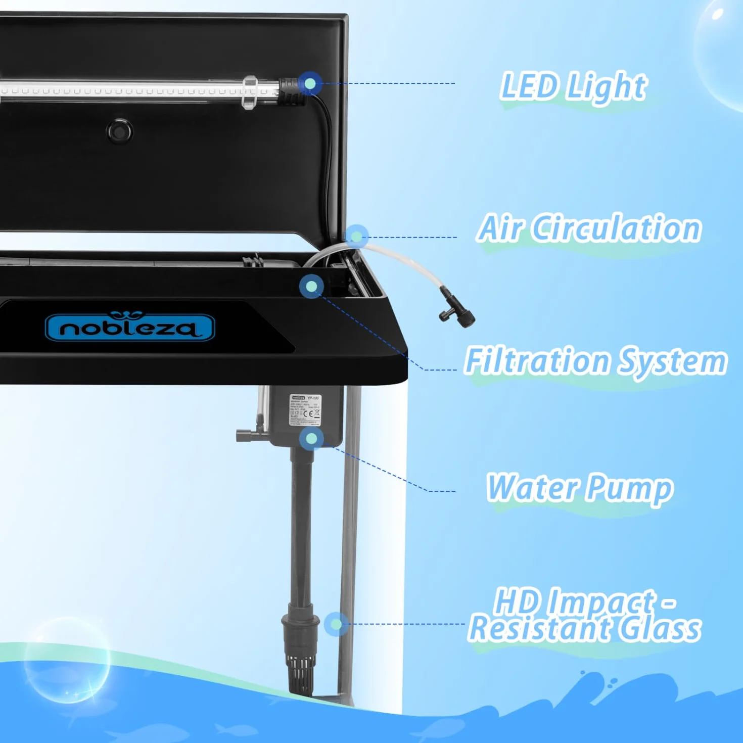 Nobleza - Acuario 30L con Filtro Integrado y Luz LED, Pecera de Cristal Completa para Peces, Acuario de Iniciación para Hogar y Oficina - Negro