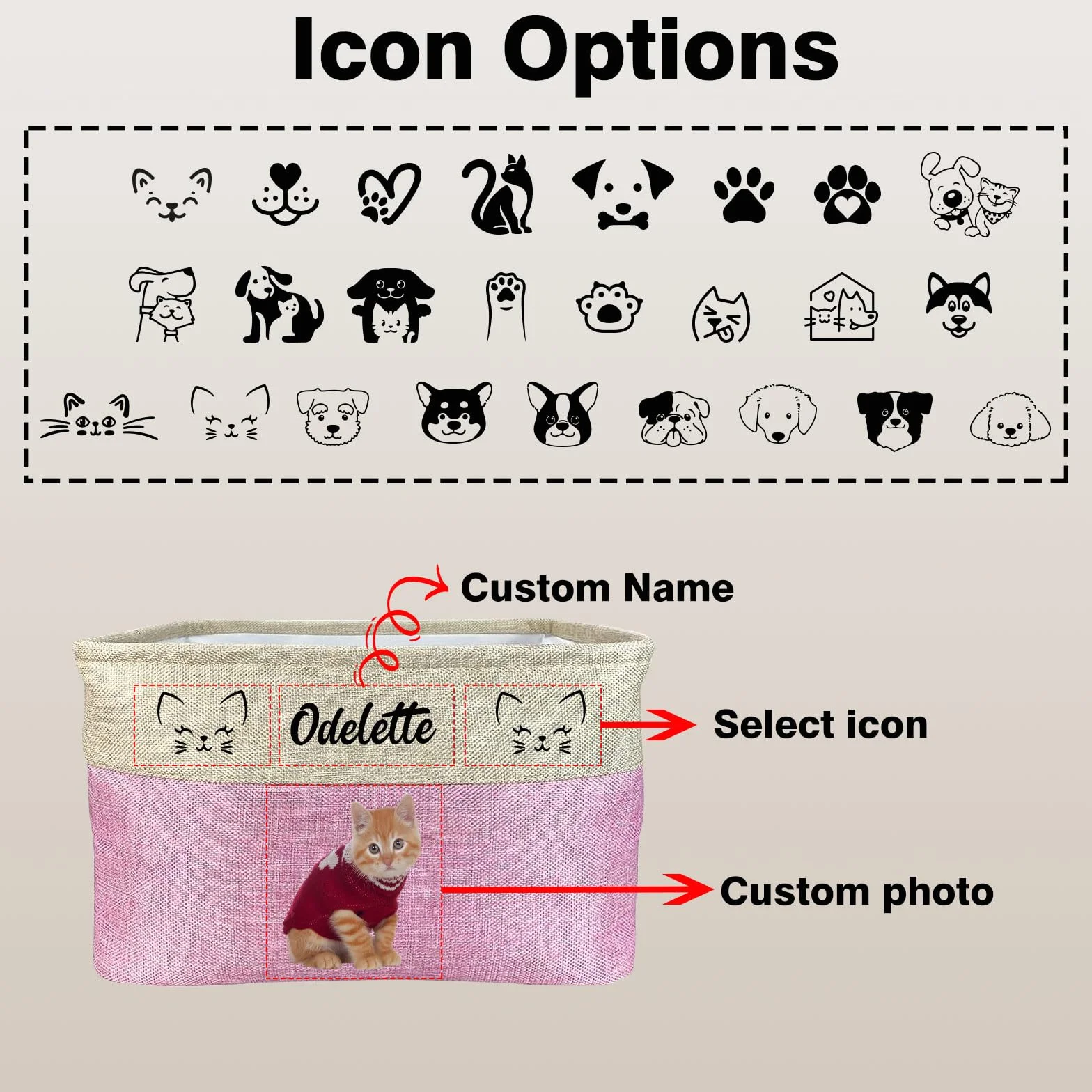 Cesta de almacenamiento personalizada para juguetes de perro, cesta plegable personalizada para mascotas con nombre y foto, cesta para juguetes de perro y suministros para mascotas (Rosa)