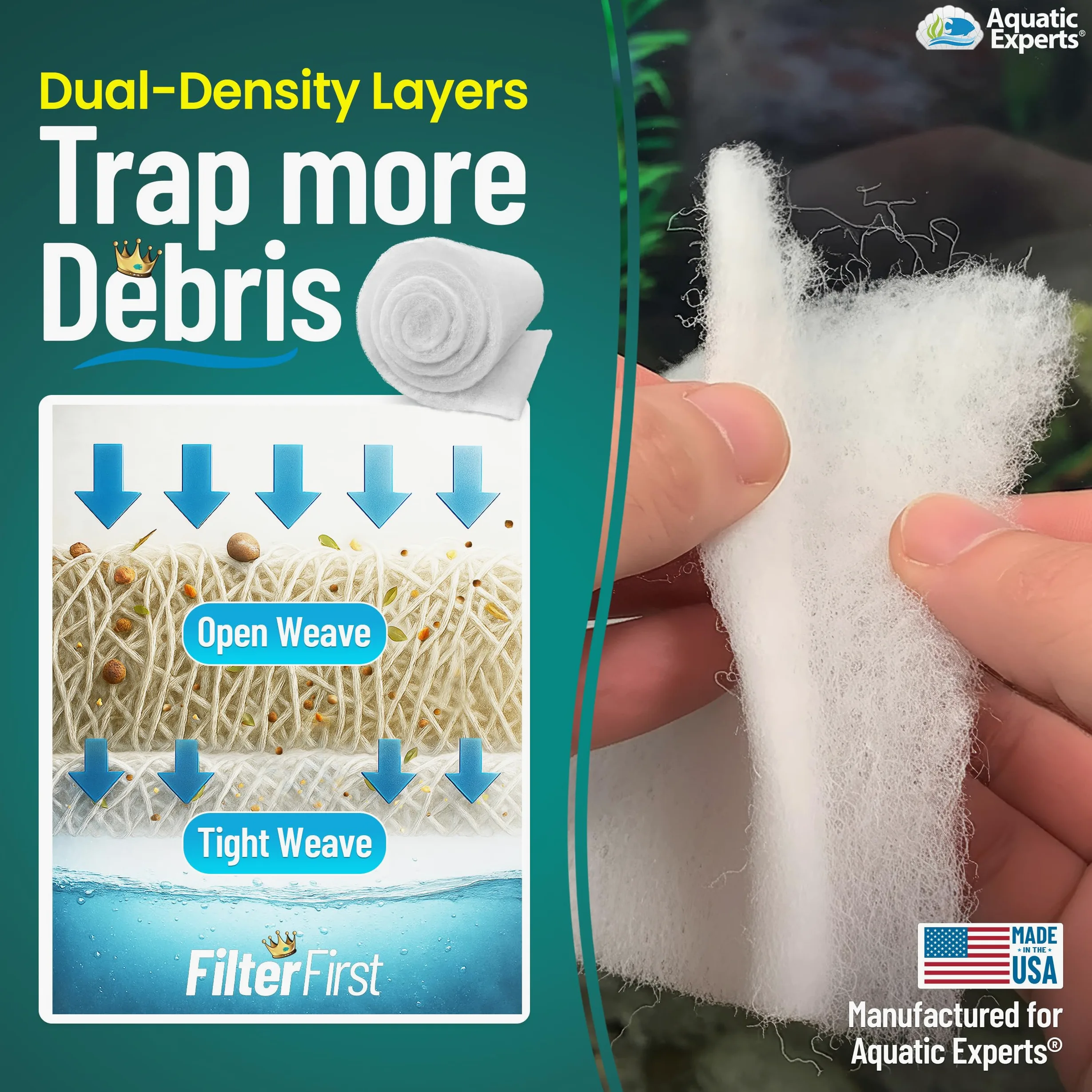 Aquatic Experts FilterFirst - Hilo de filtro de acuario para filtros de pecera, rollo de medios para agua cristalina, 3/4 a 1 pulgada de grosor (12 pulgadas de ancho, 12 pies de largo)