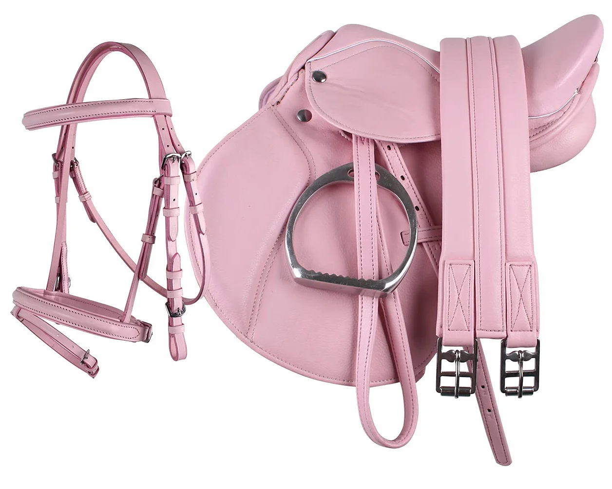 Set de silla de montar para poni QHP de piel (sintética) cincha y estribos de 33,02 cm + bocado combinado., rosa, 13 pulgadas