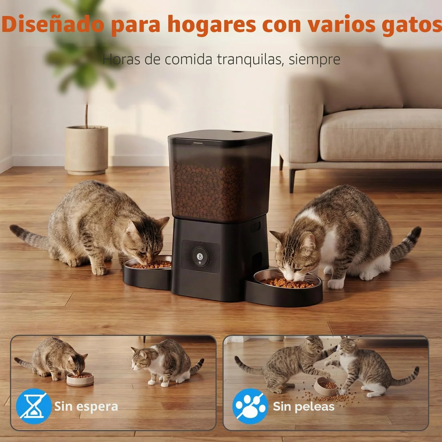 HoneyGuaridan Comedero Gato Automatico Doble, 5 G/2.4 G WiFi Dispensador Comida Gatos Perros, Comedero Gato Automatico 2 Tazones, Control App, Acero Inoxidable, Grabadora de Voz