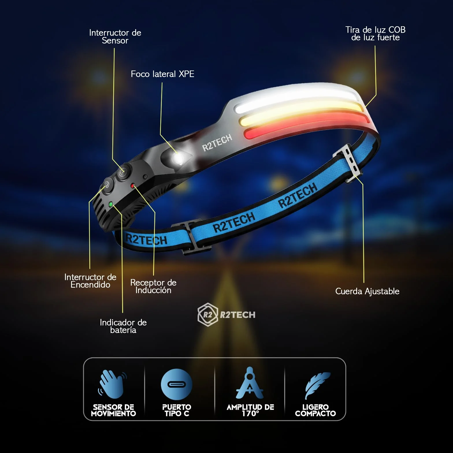 Linterna Frontal LED Recargable Alta Potencia con Luz Roja y Cálida para Running, Ciclismo, Pesca y Camping