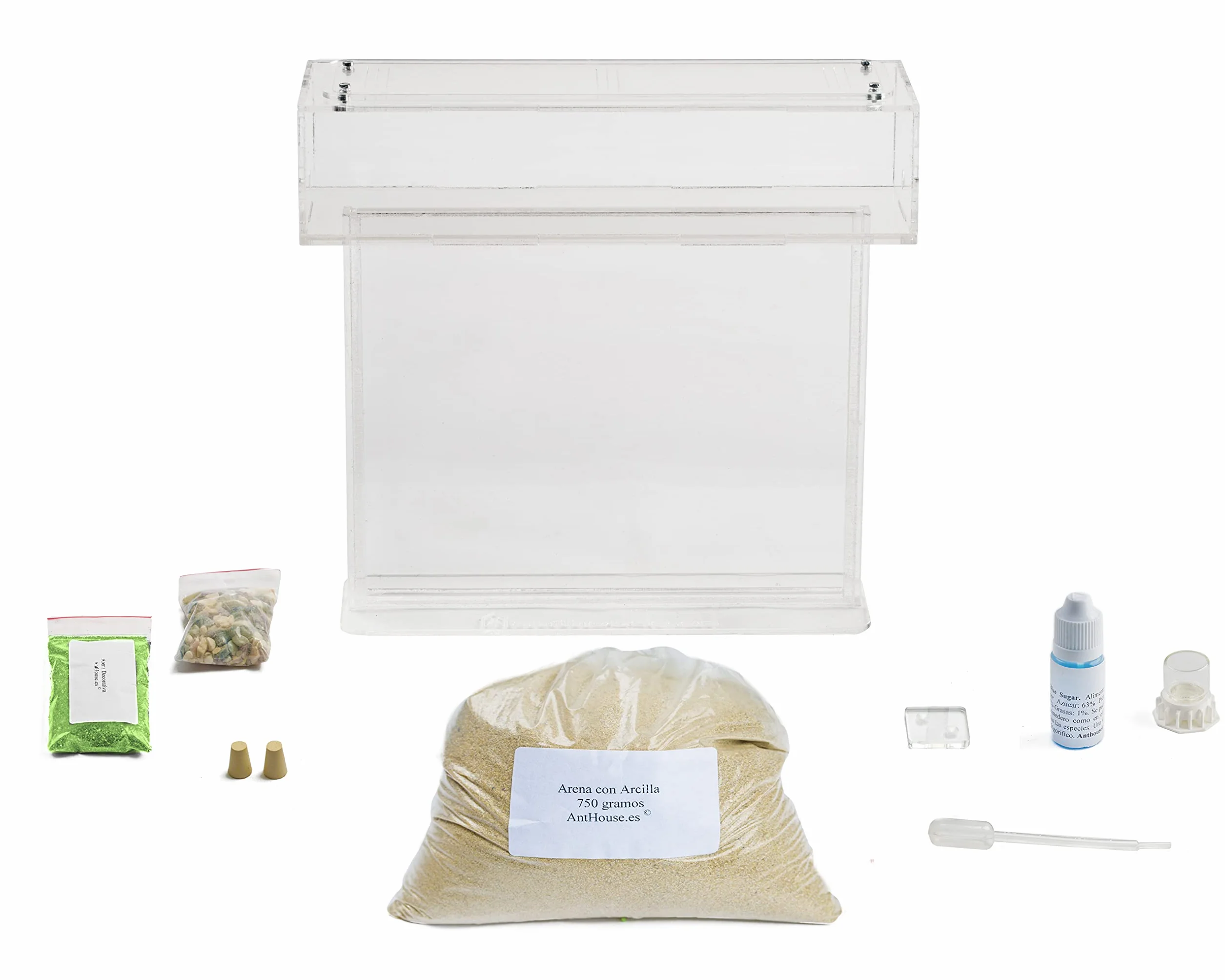 Anthouse.es - Kit Hormiguero Acrílico en Forma de T - Sándwich y Caja de Forrajeo - Hormiguero con Hormigas Vivas Incluidas - Hormiguero de25x20x1,5 cm – Transparente