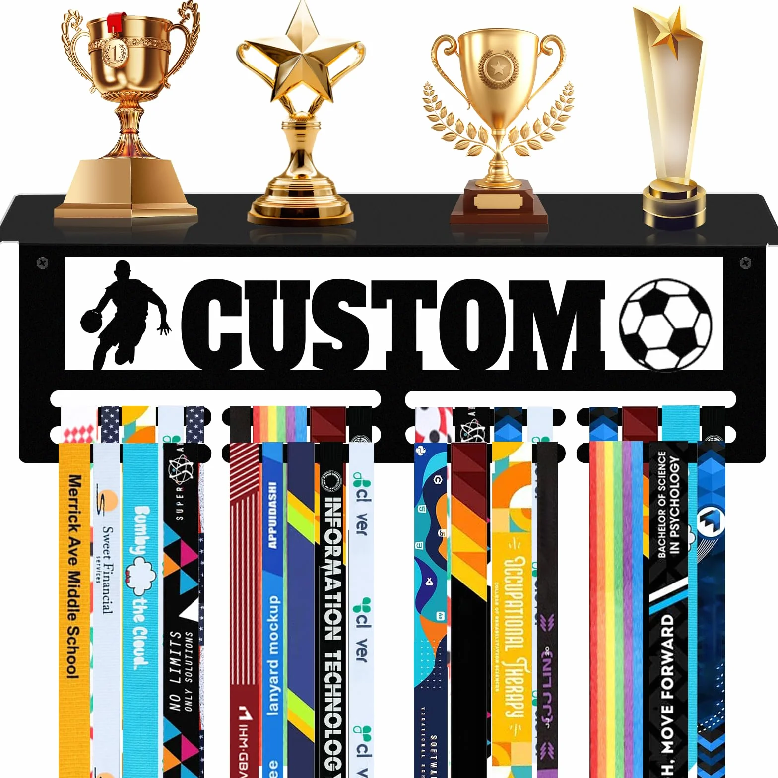 Perchero de medallas personalizado de acero, estante para premios y cintas, soporte de pared con diseño de nombre y deporte