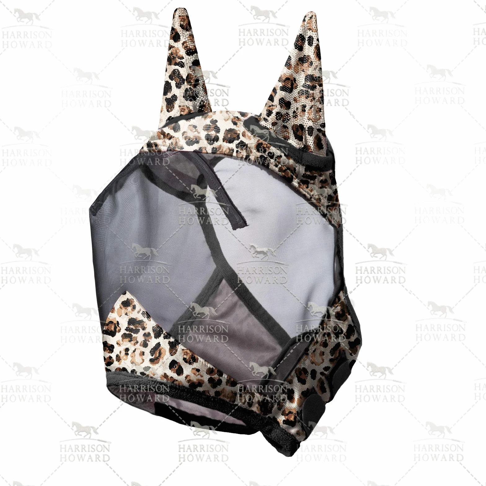 Harrison Howard CareMaster Máscara de Mosca de Caballo Estándar con Orejas Protección UV para Caballo-Estampado de Leopardo (M)