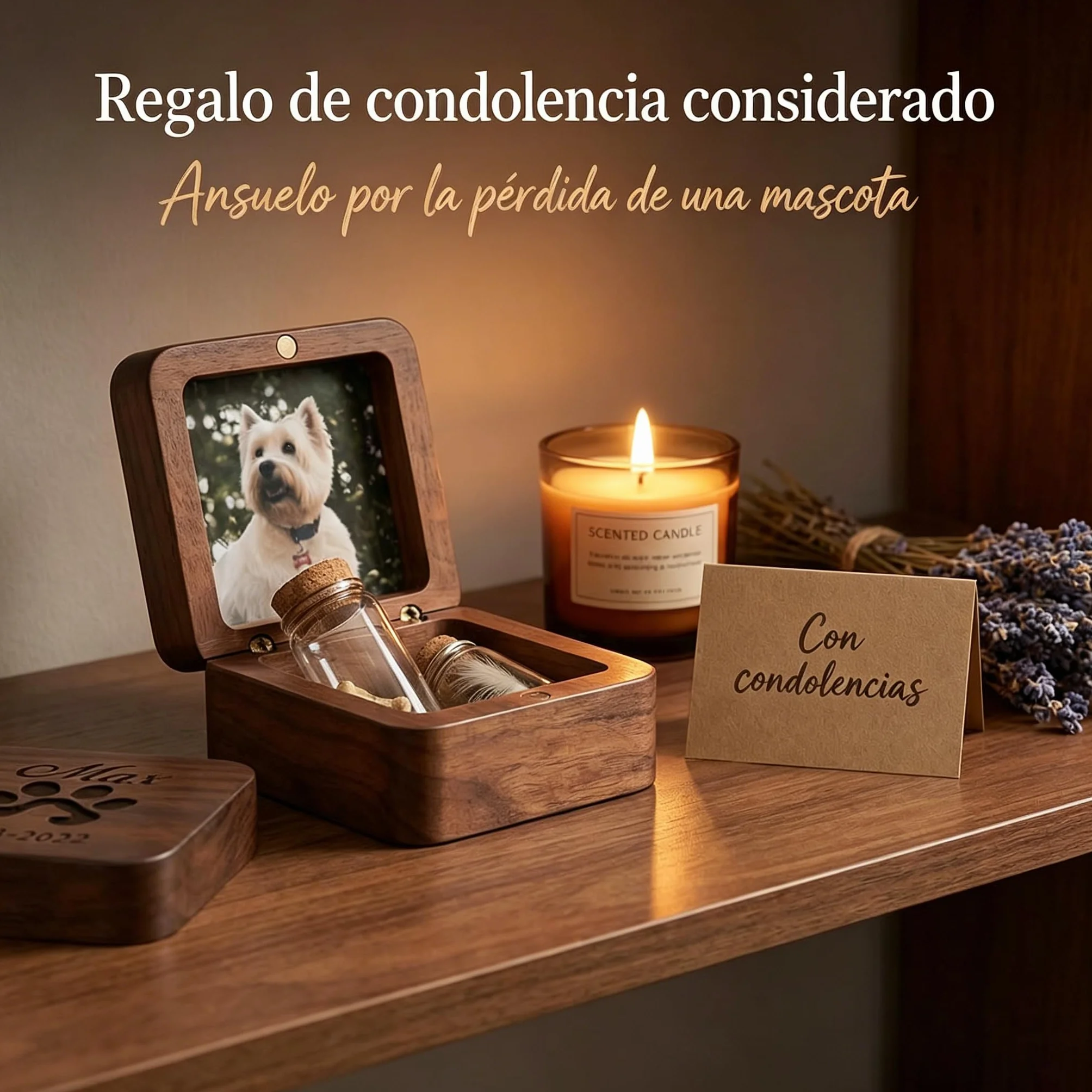 VEELU Regalo Conmemorativo Perro Gato Personalizado - Caja de Recuerdos con Foto y Nombre, Pequeña Urna de Madera para Cenizas y Pelo con 4 Frascos de Vidrio, Regalo por la Pérdida de una Mascota